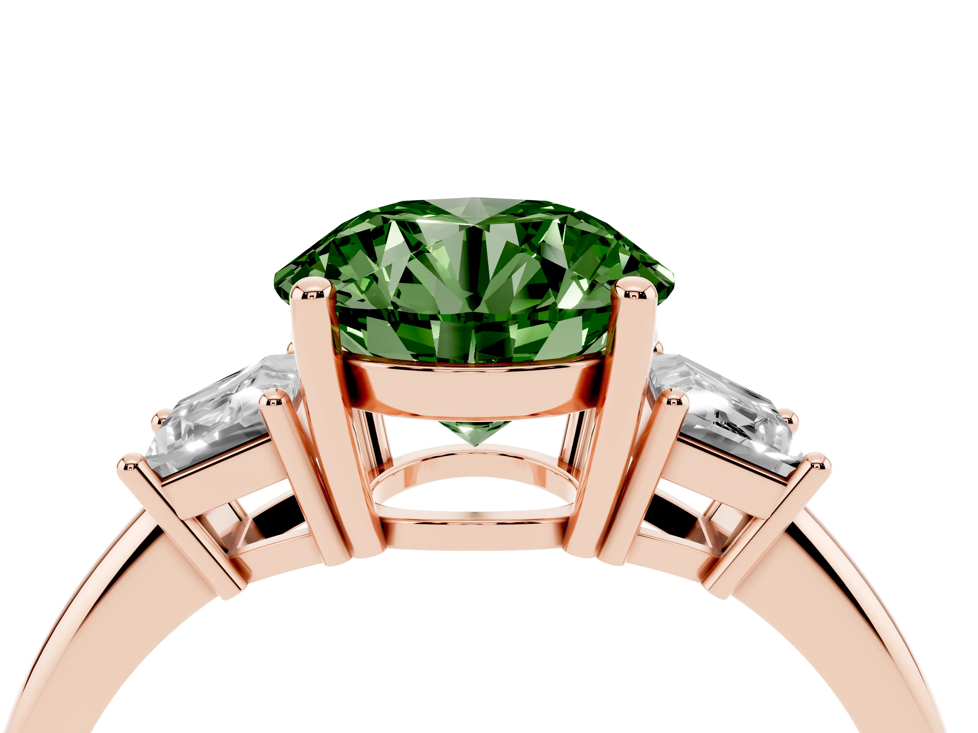 Fancy Green Round Cut Diamond Three-Stone Ring Set in Rose gold with Trapezoid Side Stones and Prong Setting