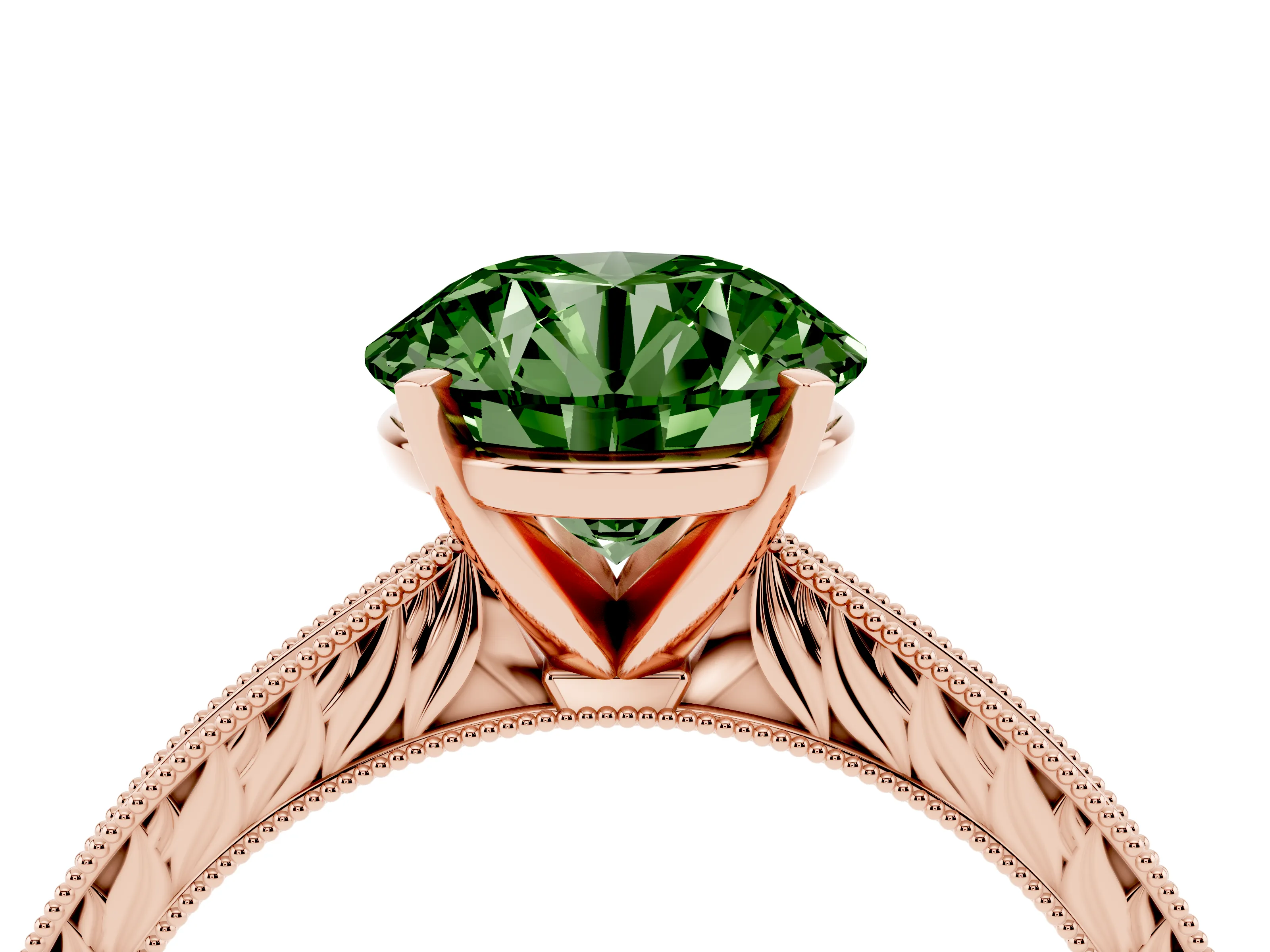 Fancy Green Round Cut Diamond Solitaire Milgrain Engraved Band Set in Rose gold with Prong Setting