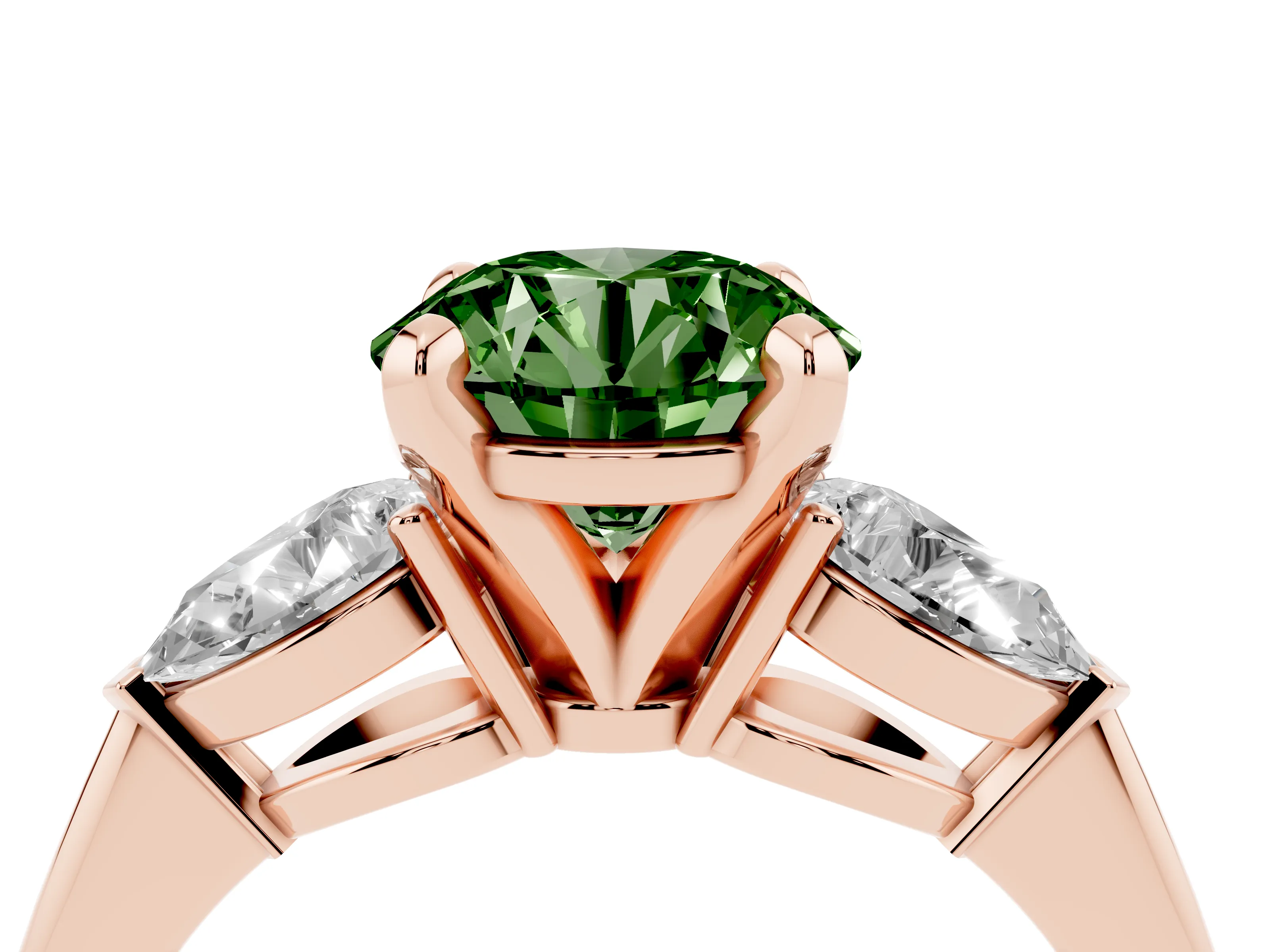 Fancy Green Three-Stone Round Cut Diamond Ring Set in Rose gold with Pear Side Stones and Prong Setting