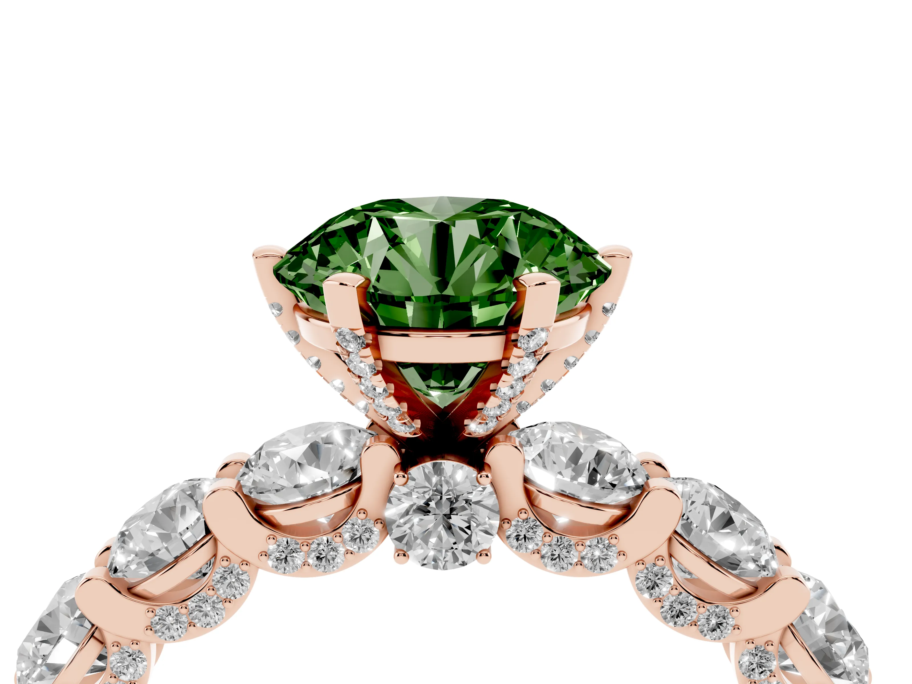 Fancy Green Round Cut Diamond Side Stone Ring Set in Rose gold with Alternating Round and Oval Side Stones