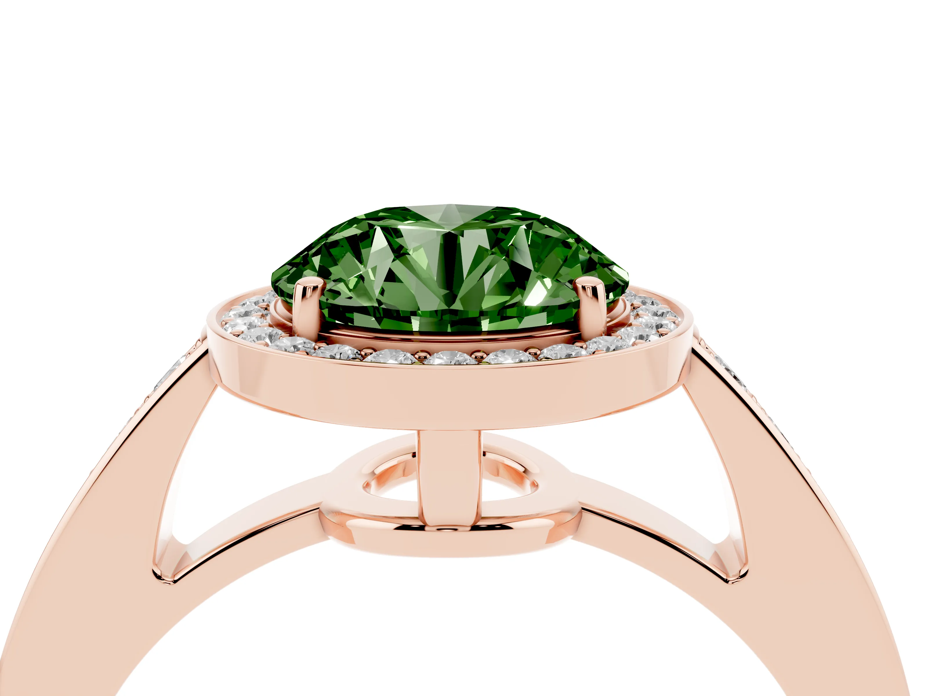 Fancy Green Round Cut Diamond Halo Pavé Engagement Ring Set in Rose gold with Bezel Setting
