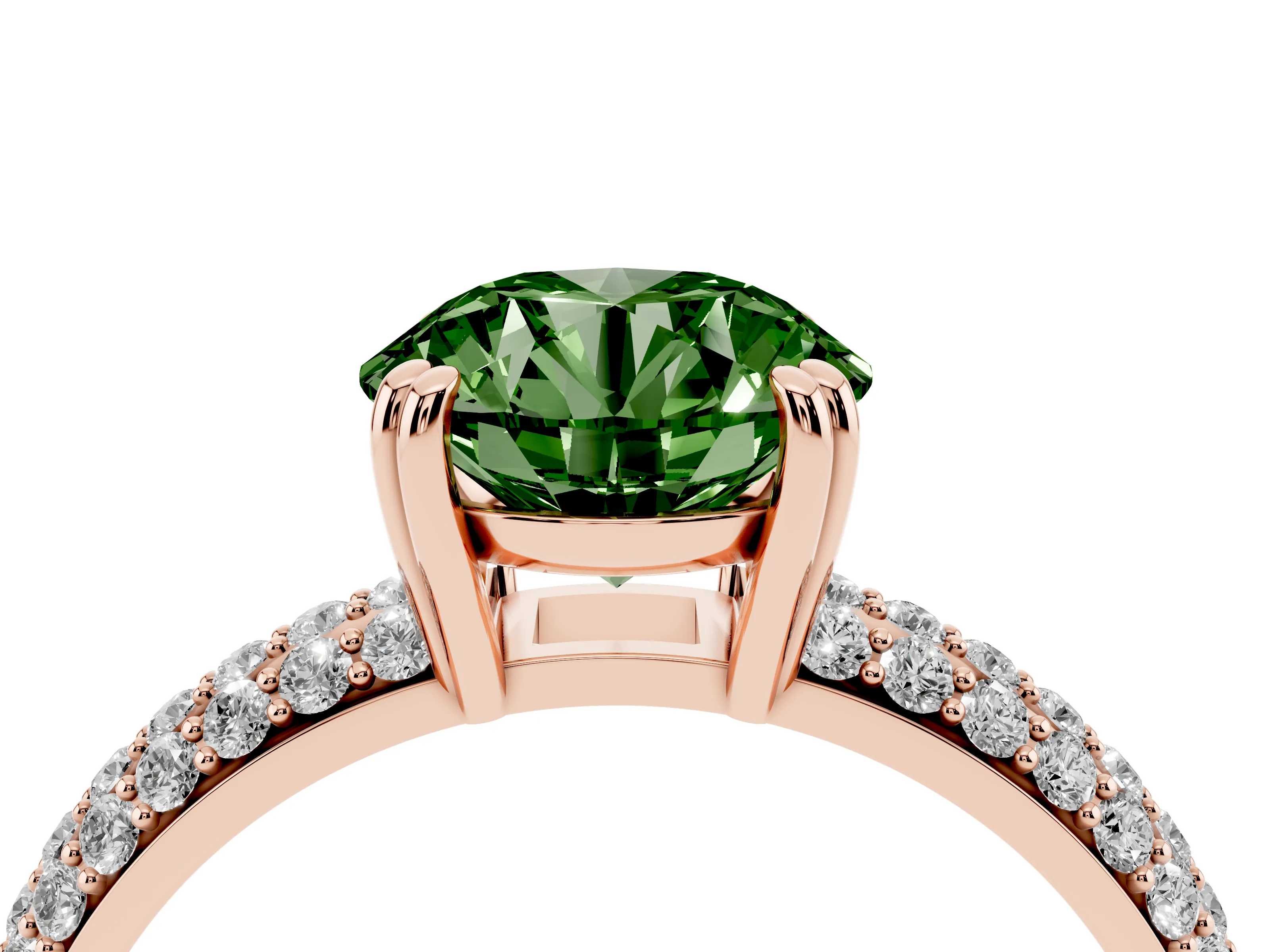Fancy Green Round Cut Diamond Solitaire Ring Set in Rose gold with Multi-Row Round Pavé Band and Prong Setting