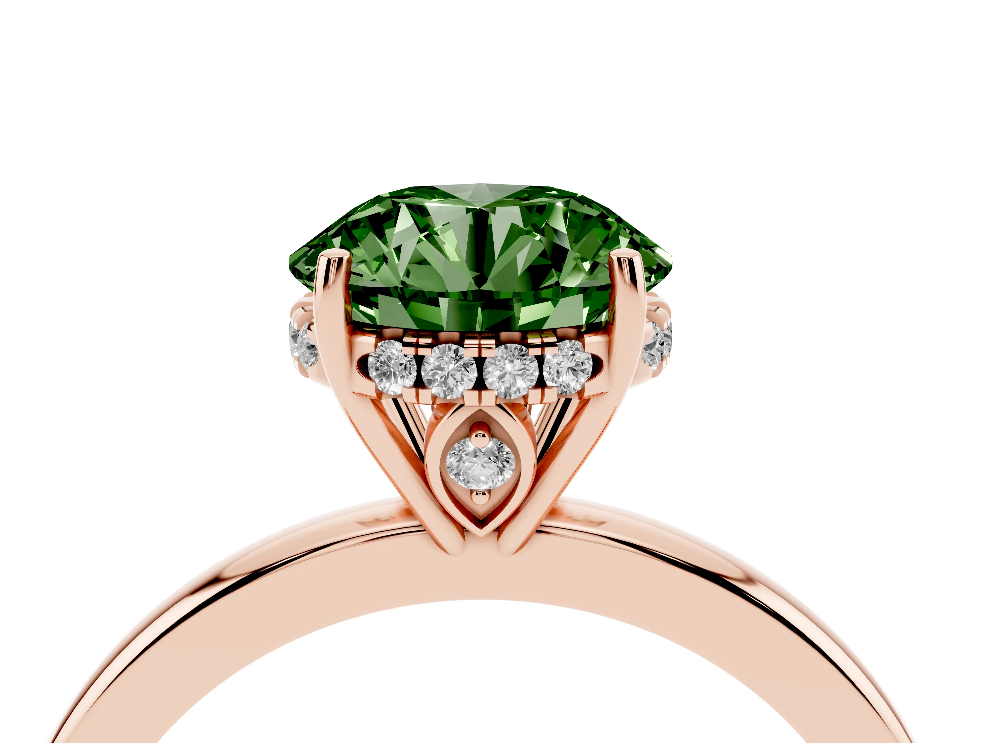 Fancy Green Round Cut Diamond Solitaire Ring Set in Rose gold with Plain Band and Prong Setting