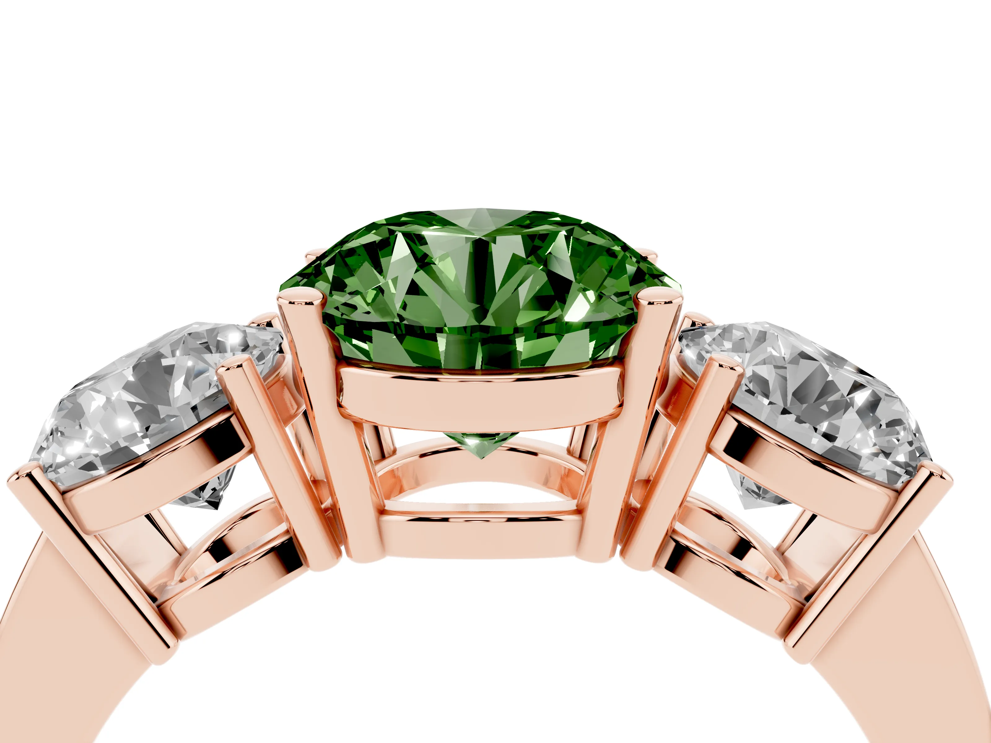 Fancy Green Round Cut Diamond Three-Stone Engagement Ring Set in Rose gold with Flat Band