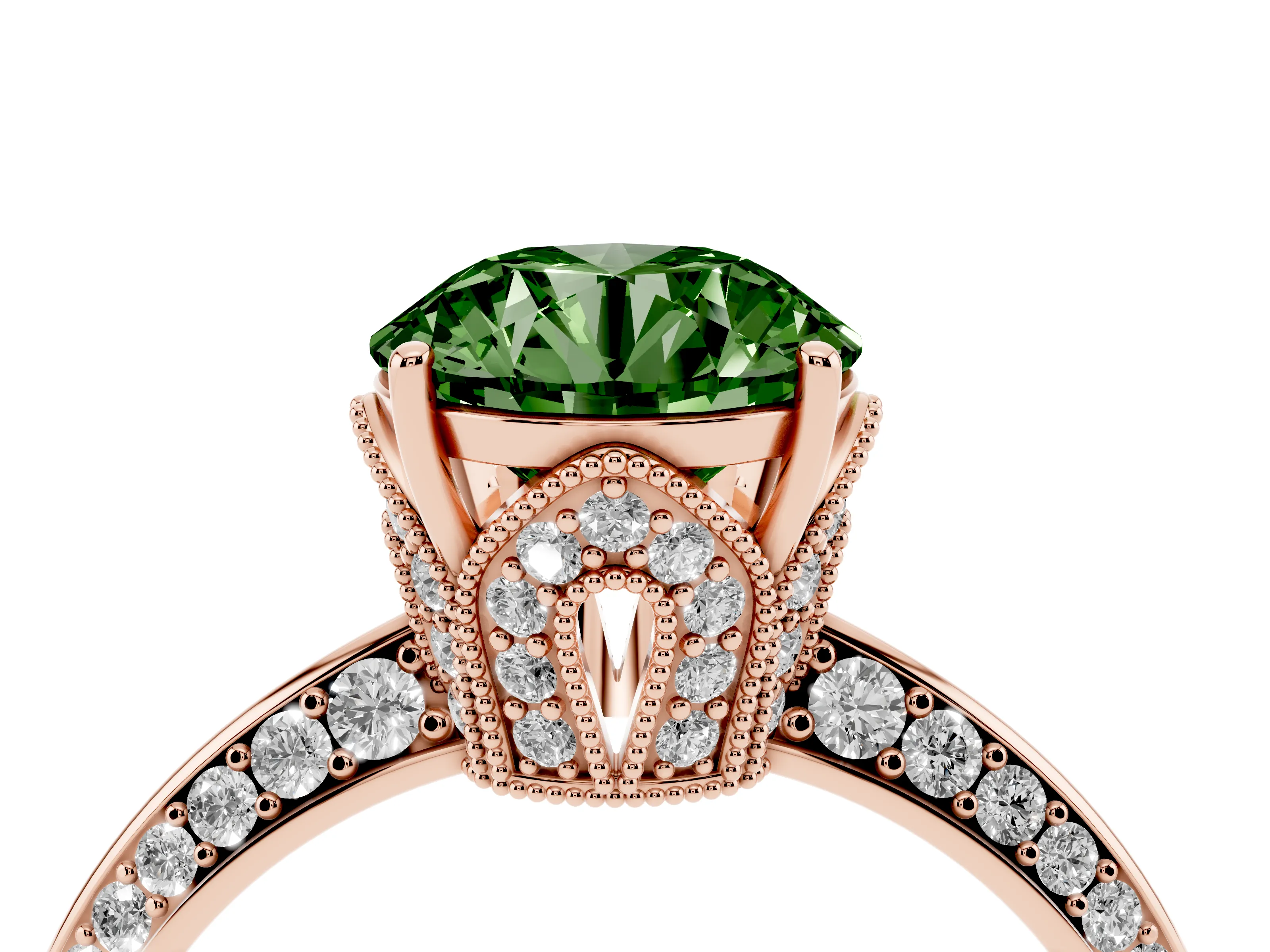 Fancy Green Round Cut Diamond Solitaire Engagement Ring Set in Rose gold with Pavé Split Shank and Prong Setting
