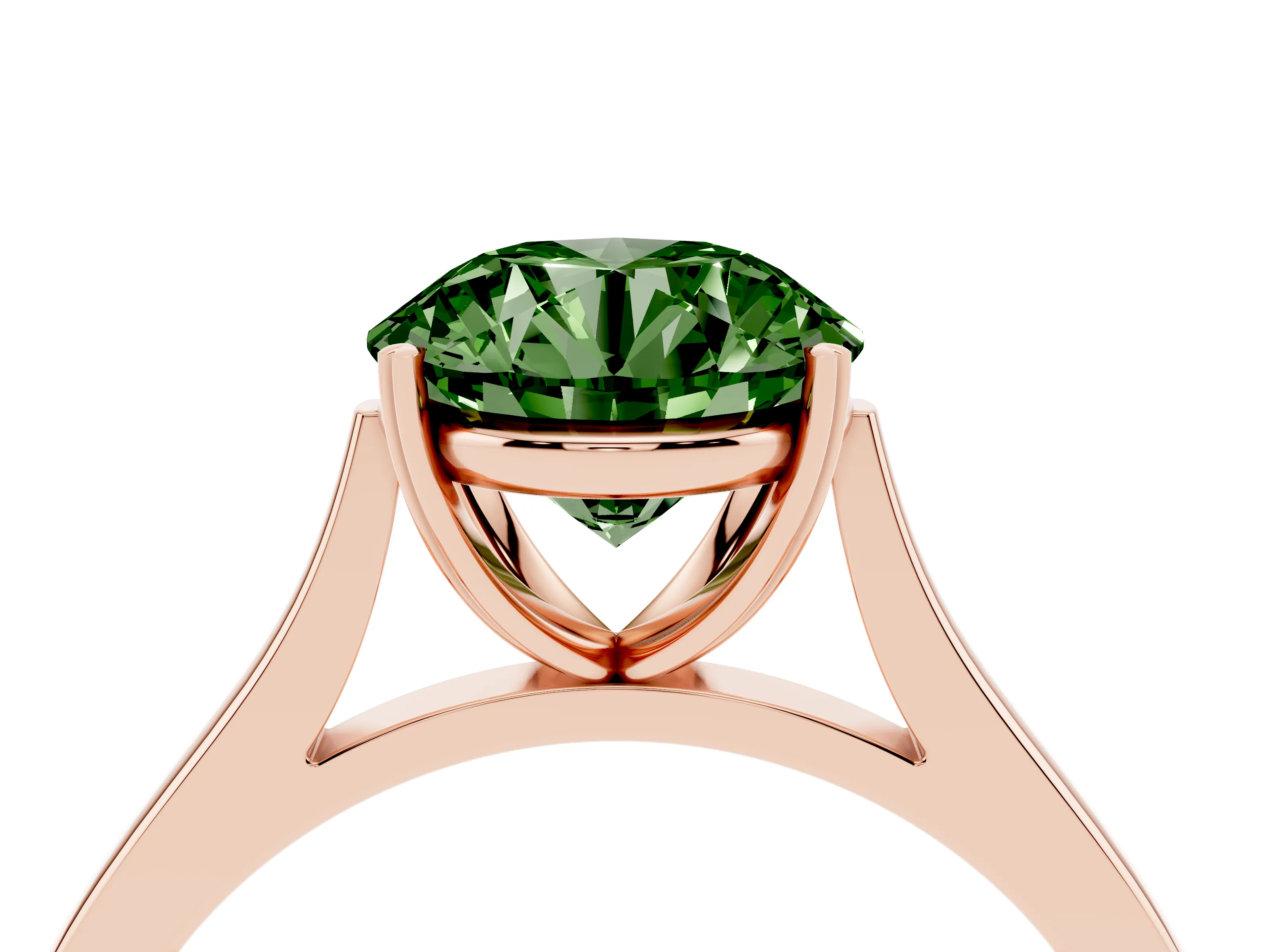 Fancy Green Round Cut Diamond Solitaire Heart Prong Engagement Ring Set in Rose gold with Tapered Band