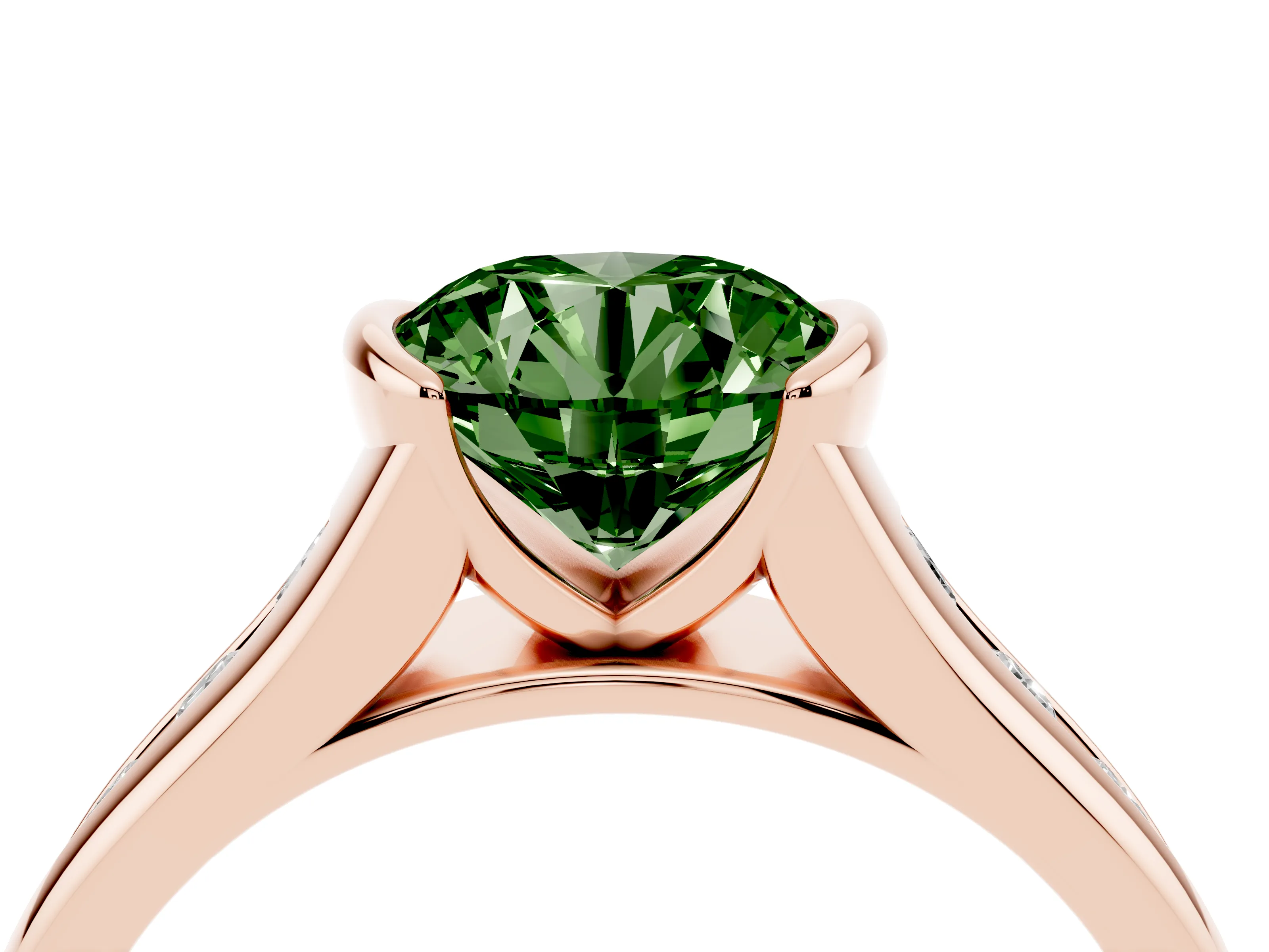 Fancy Green Round Cut Diamond Bezel-Set Solitaire Ring Set in Rose gold with Channel-Set Band