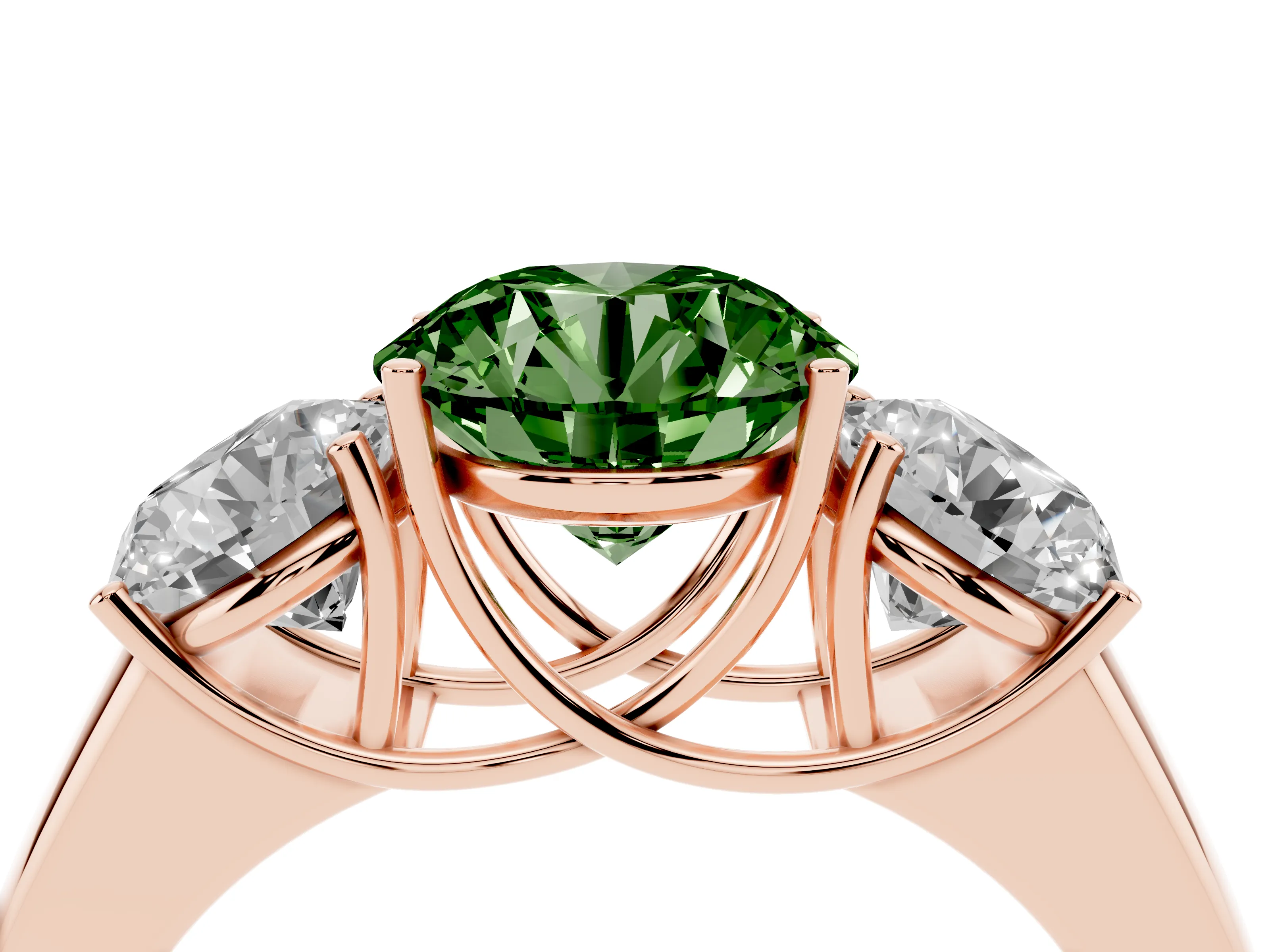 Fancy Green Three-Stone Round Cut Diamond Ring Set in Rose gold with Matching Prong Settings and Plain Band