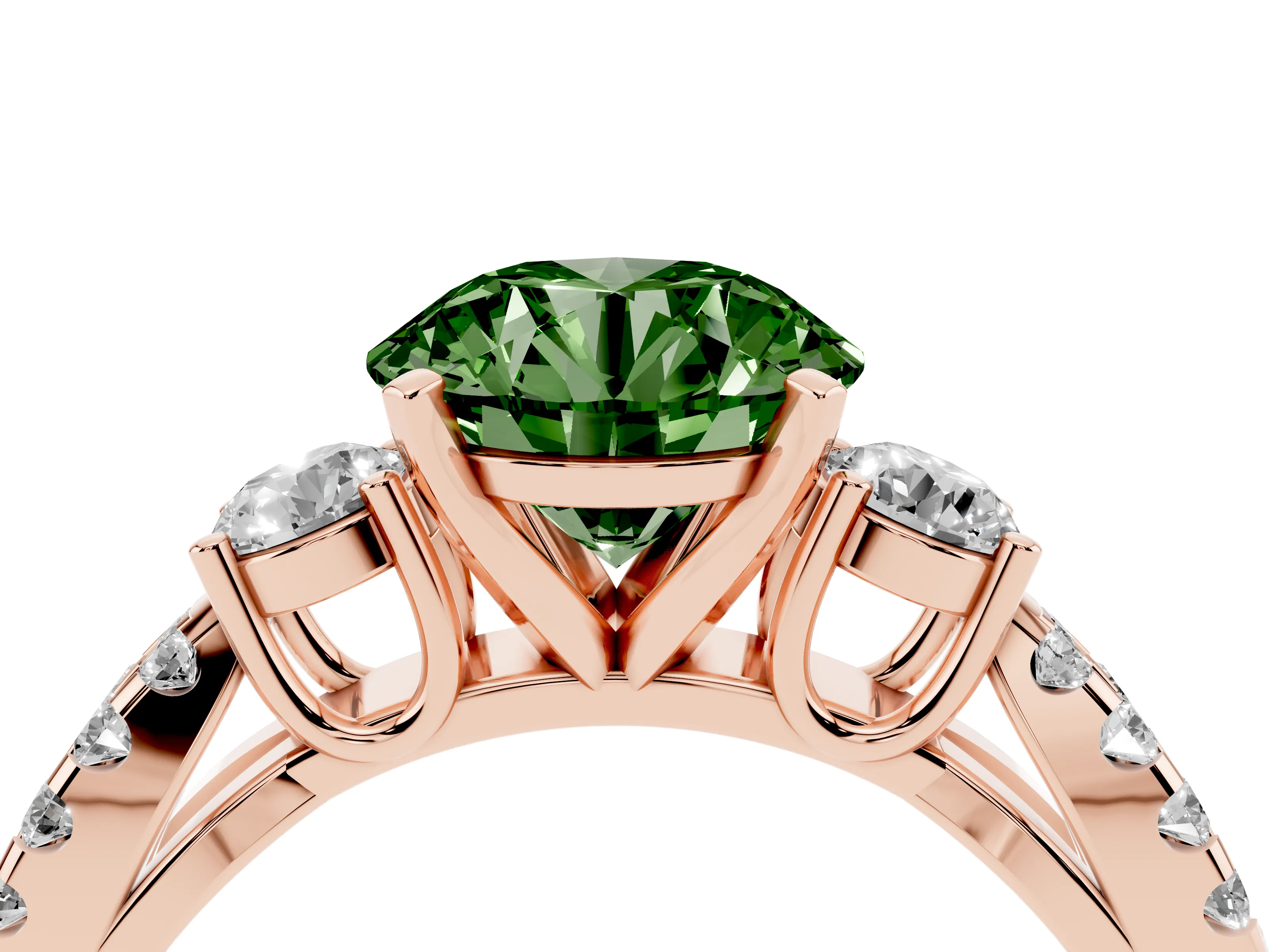 Fancy Green Round Cut Diamond Three-Stone Ring Set in Rose gold with Pavé Split Shank and Prong Setting