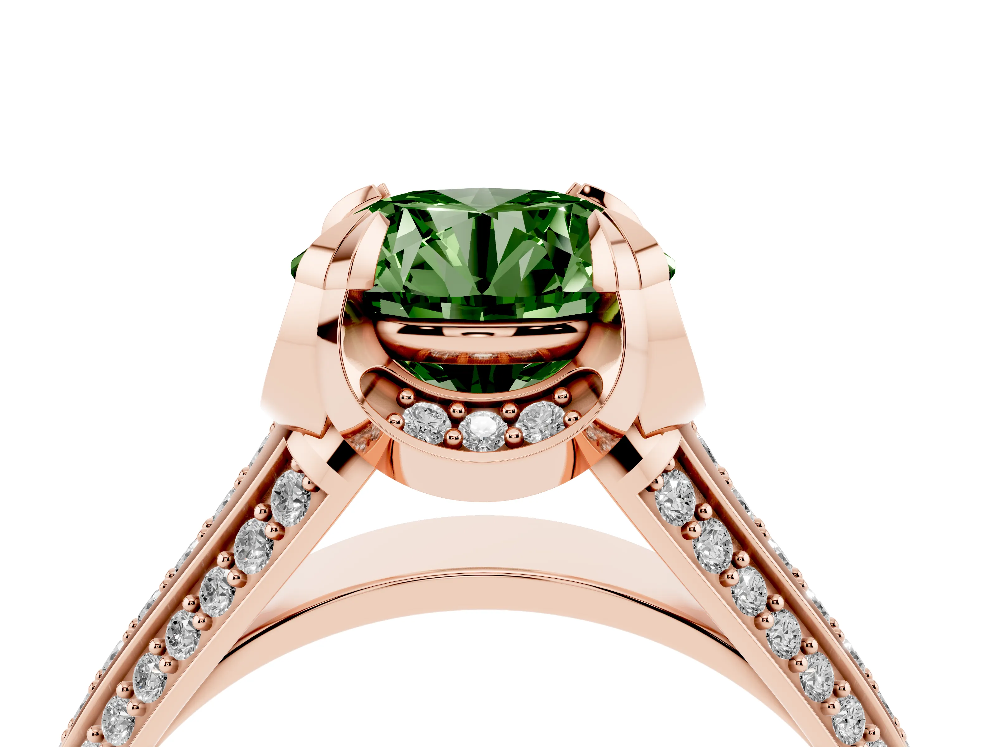 Fancy Green Round Cut Diamond Pavé Split Shank Solitaire Ring Set in Rose gold with Prong Setting
