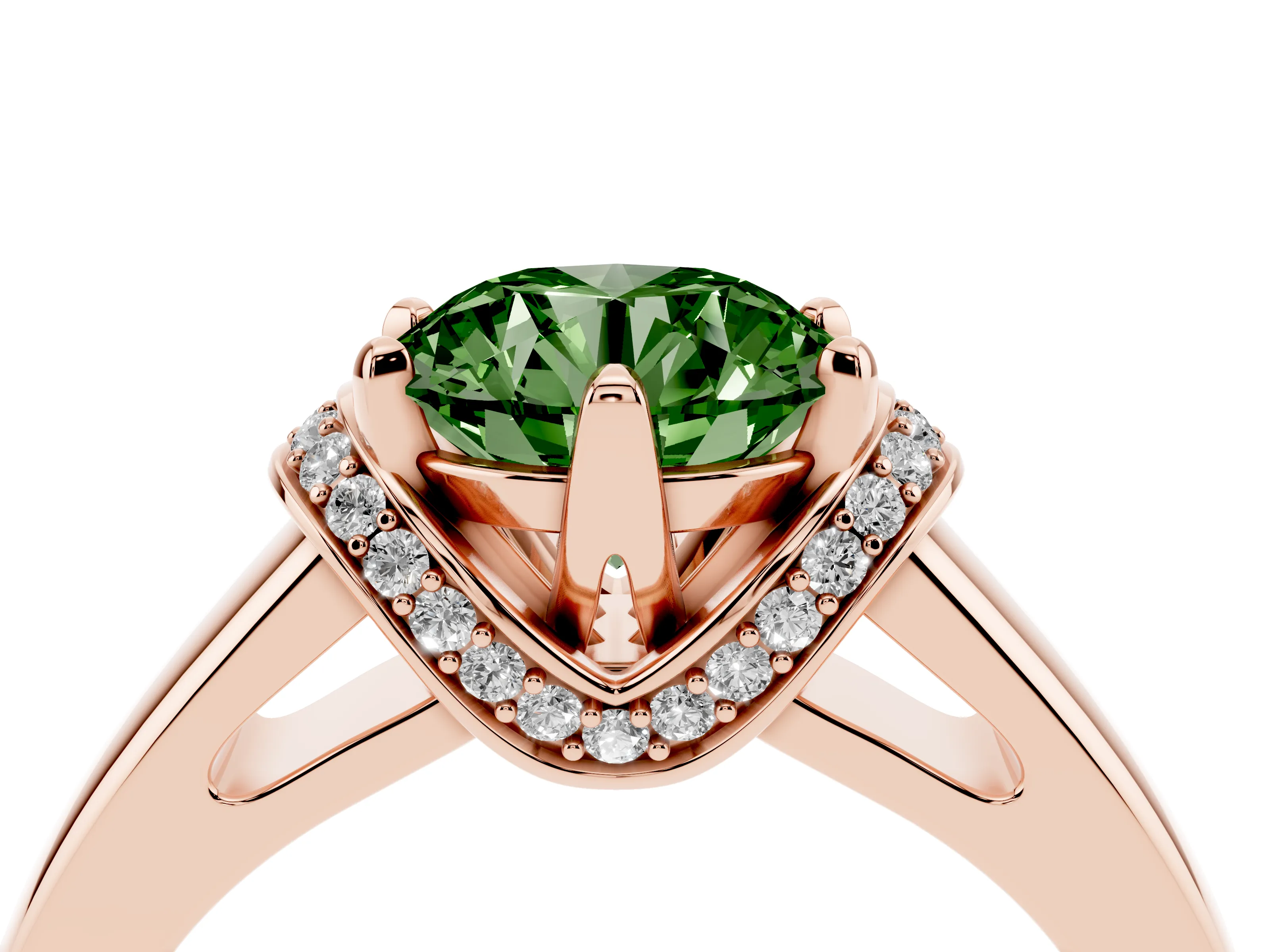 Fancy Green Round Cut Diamond Pavé Band Solitaire Ring Set in Rose gold with Prong Setting