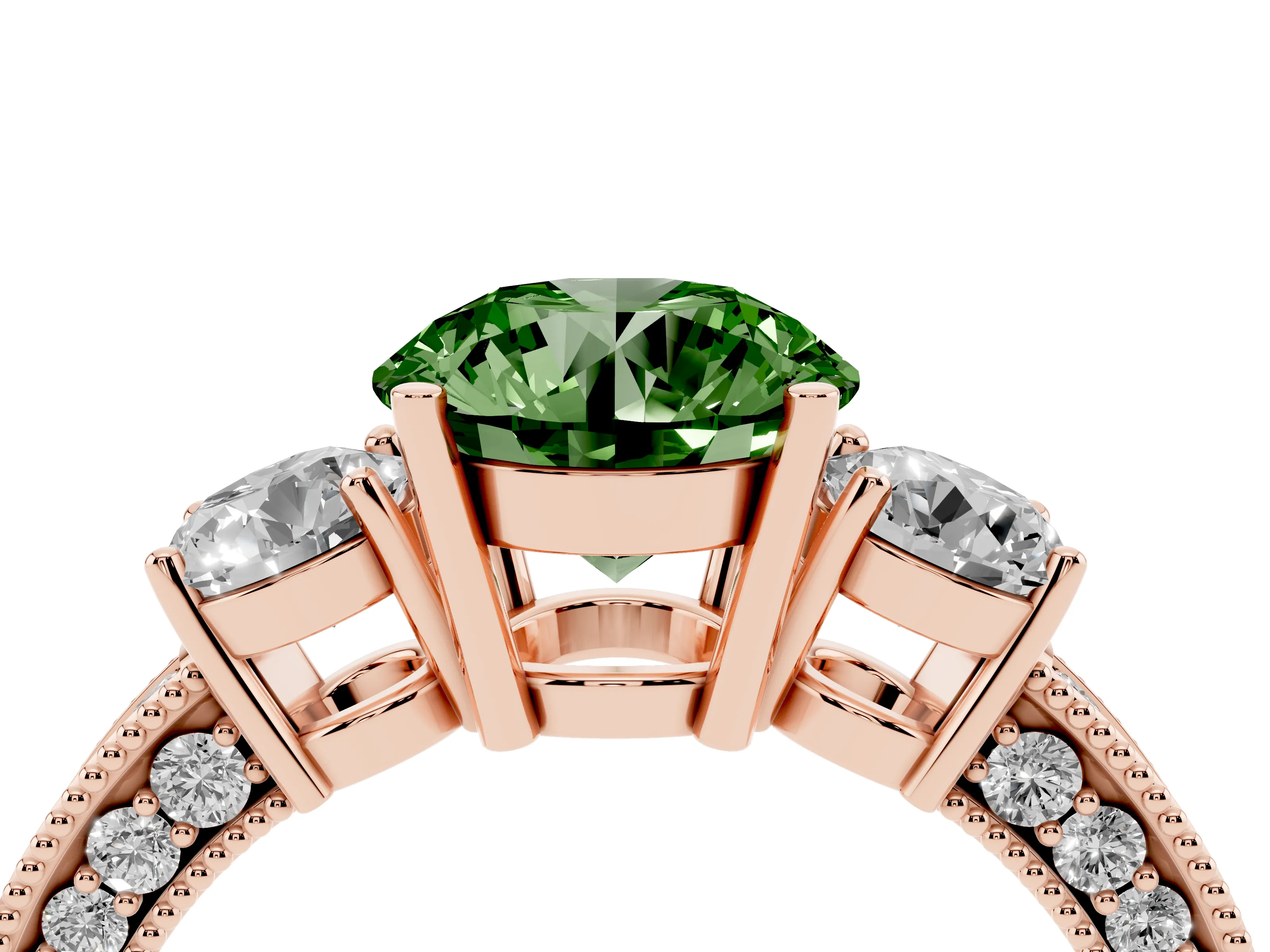 Fancy Green Round Cut Diamond Three-Stone Ring Set in Rose gold with Round Side Stones and Pavé Band