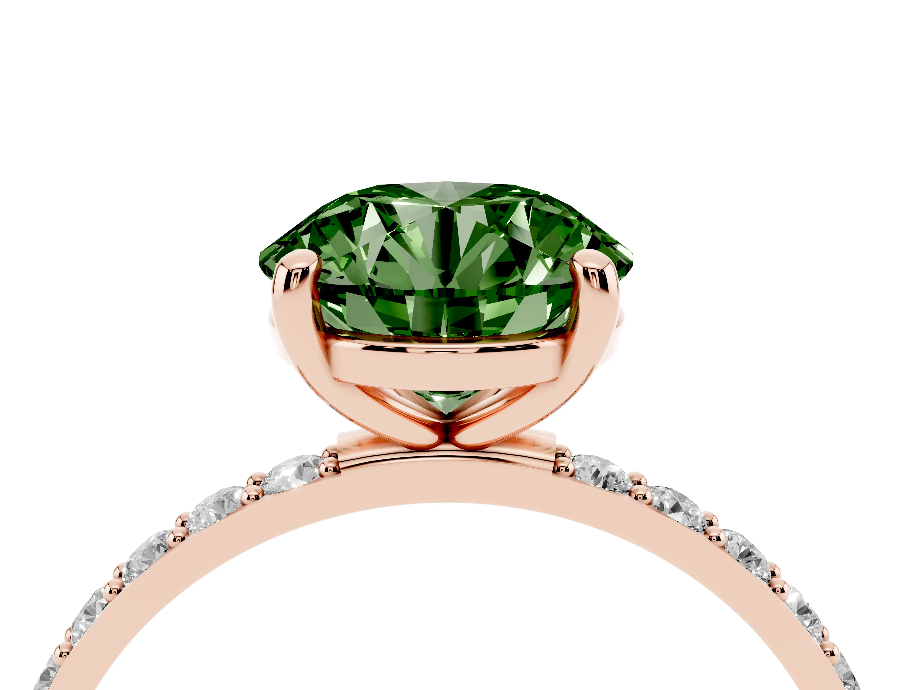Fancy Green Round Cut Diamond Solitaire Ring Set in Rose gold with Round Pavé Band and Prong Setting