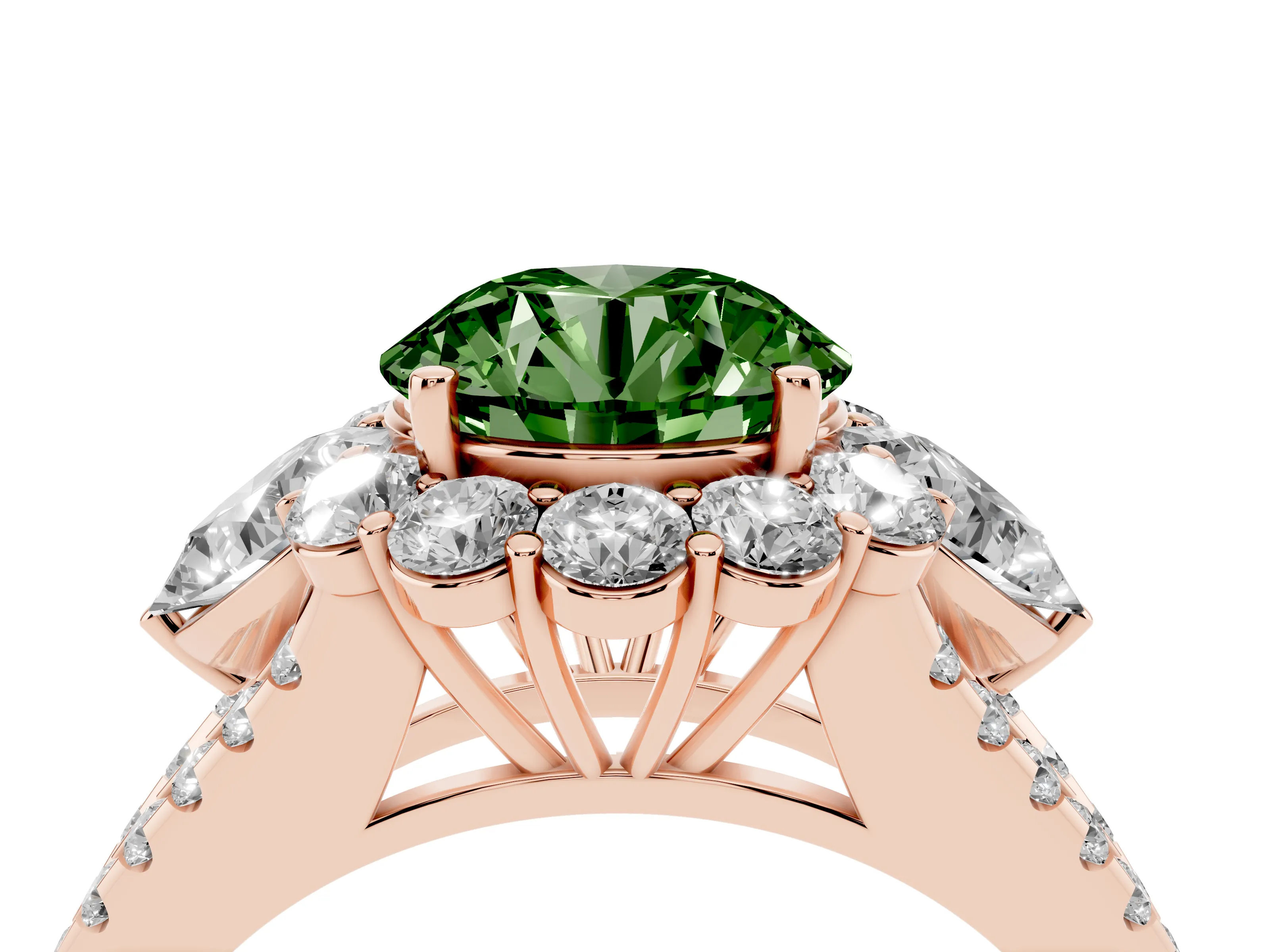 Fancy Green Round Cut Diamond Halo Split Shank Engagement Ring Set in Rose gold with Prong-Held Center Stone