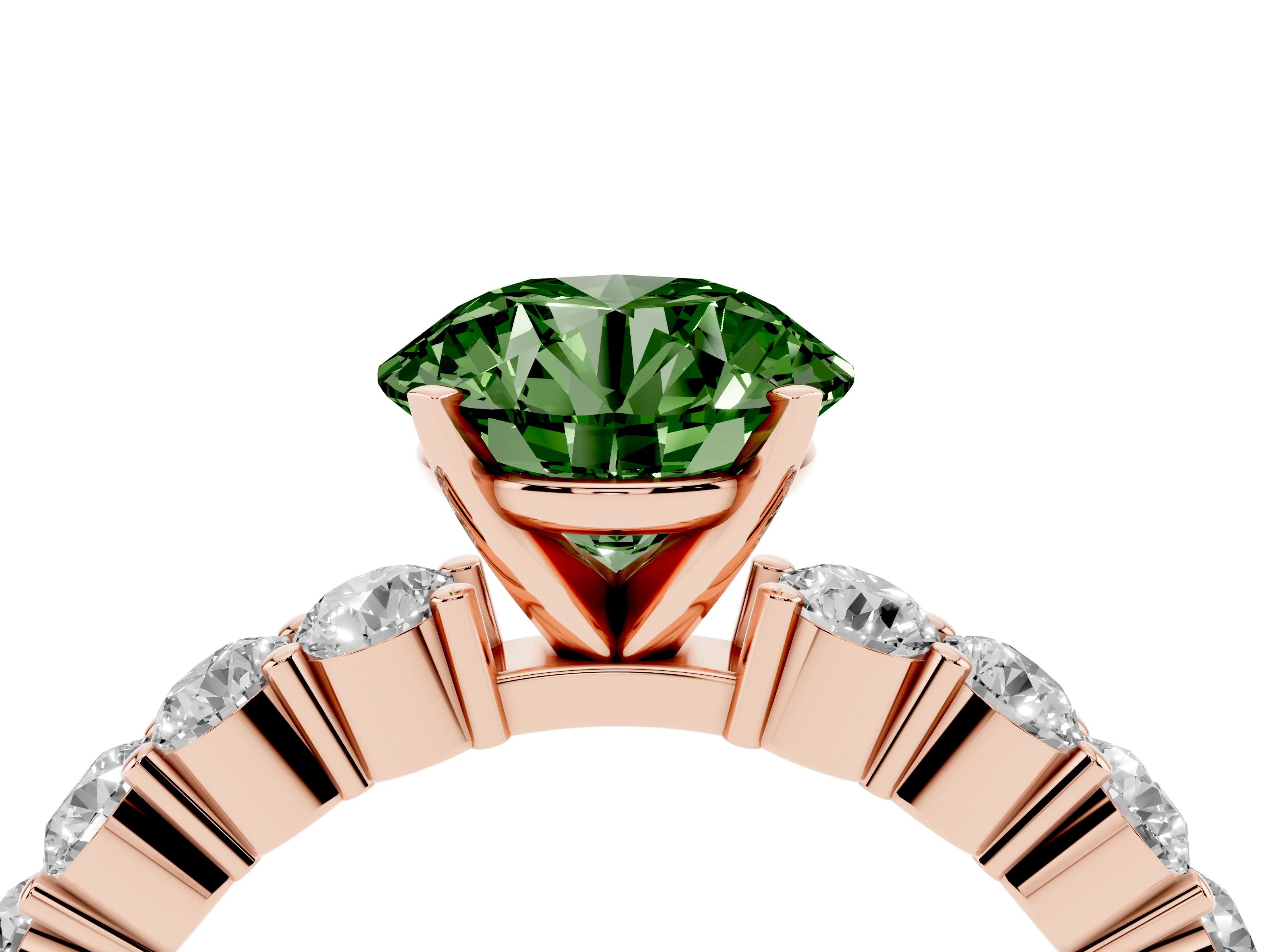 Fancy Green Round Cut Diamond Solitaire Ring Set in Rose gold with Shared Prong Round Side Stones