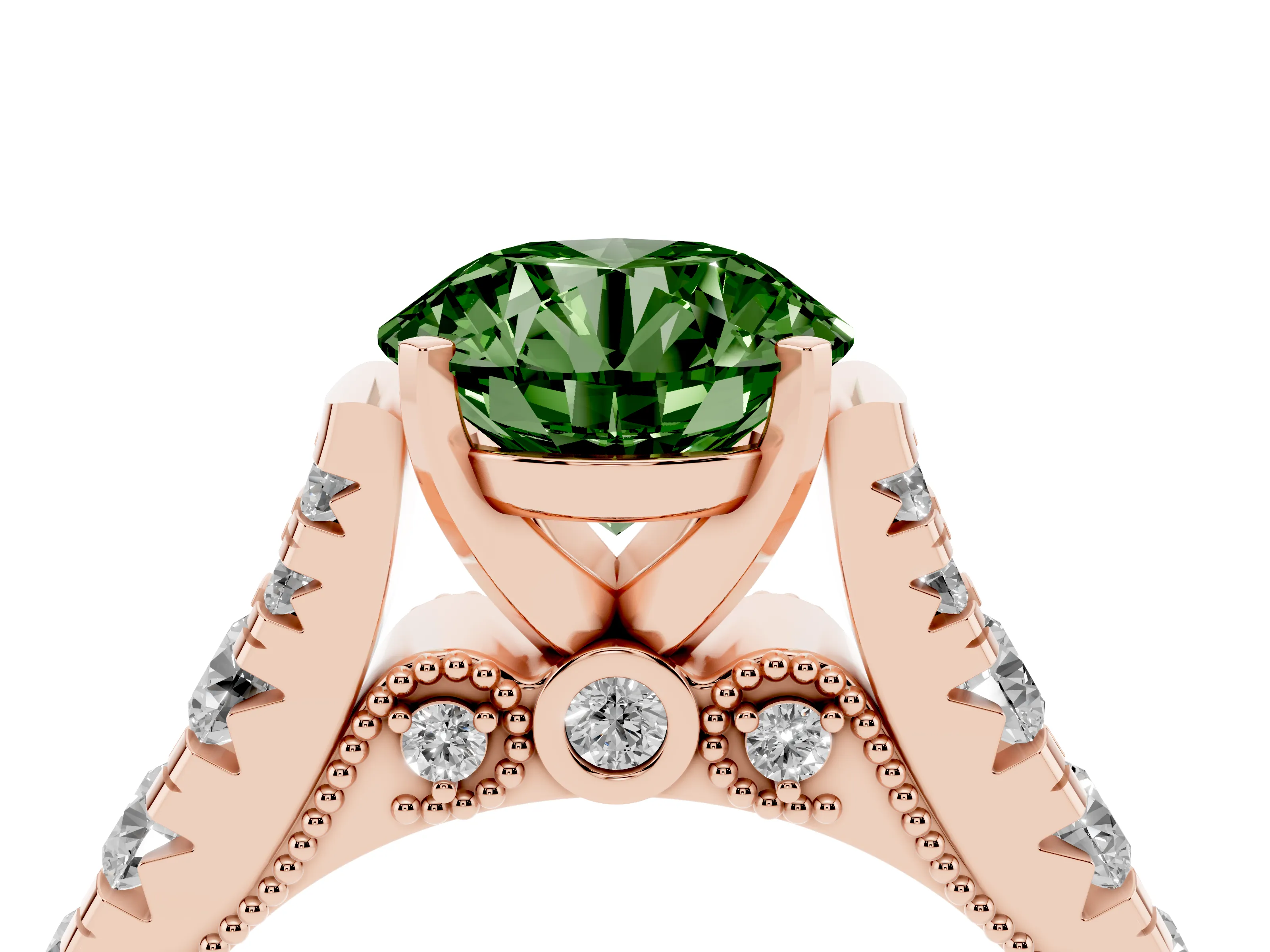 Fancy Green Round Cut Diamond Classic Solitaire Ring Set in Rose gold with Pavé Band and Prong Setting