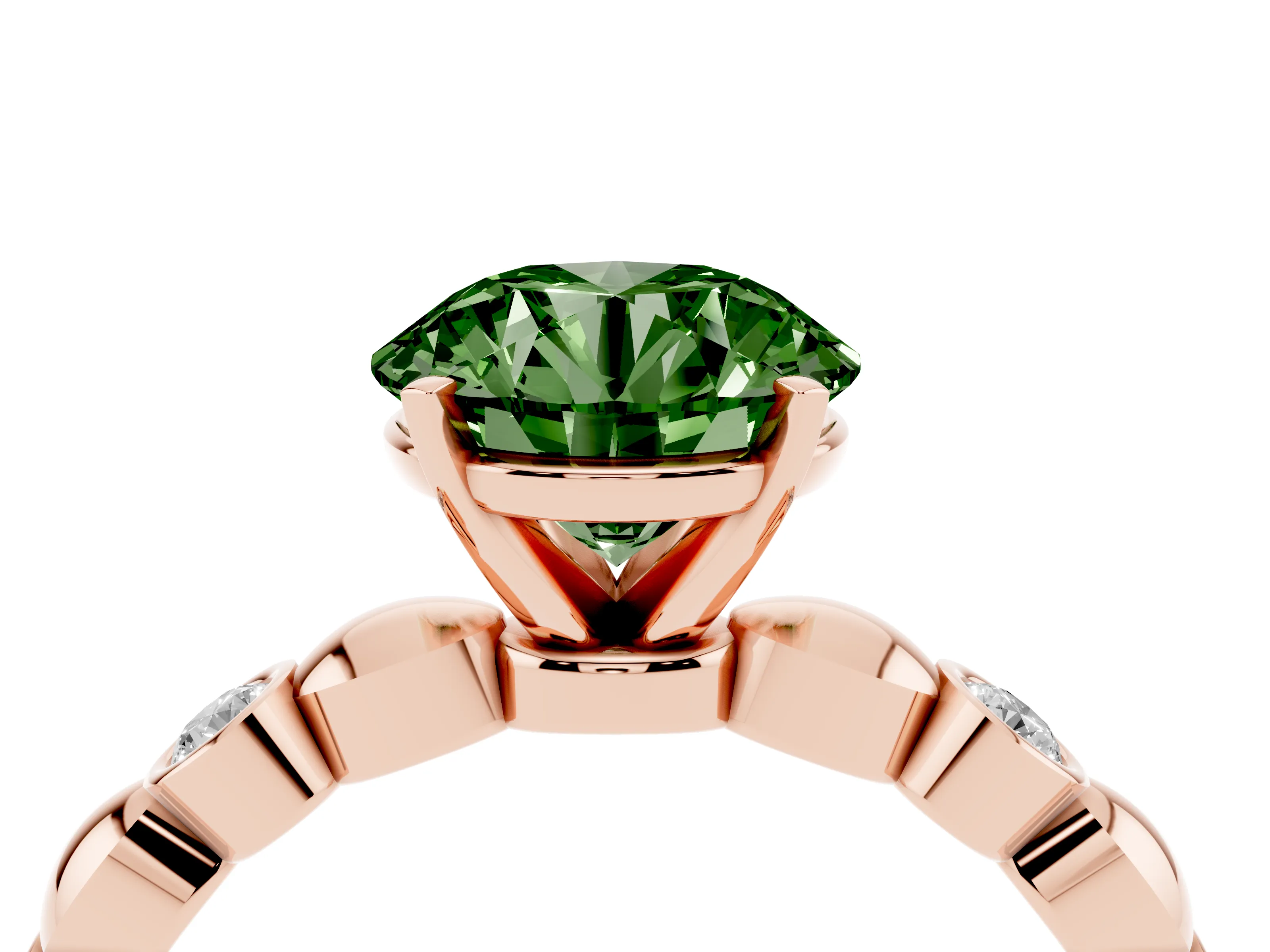 Fancy Green Round Cut Diamond Solitaire Ring Set in Rose gold with Bezel-Set Accents on Beaded Band and Prong Setting