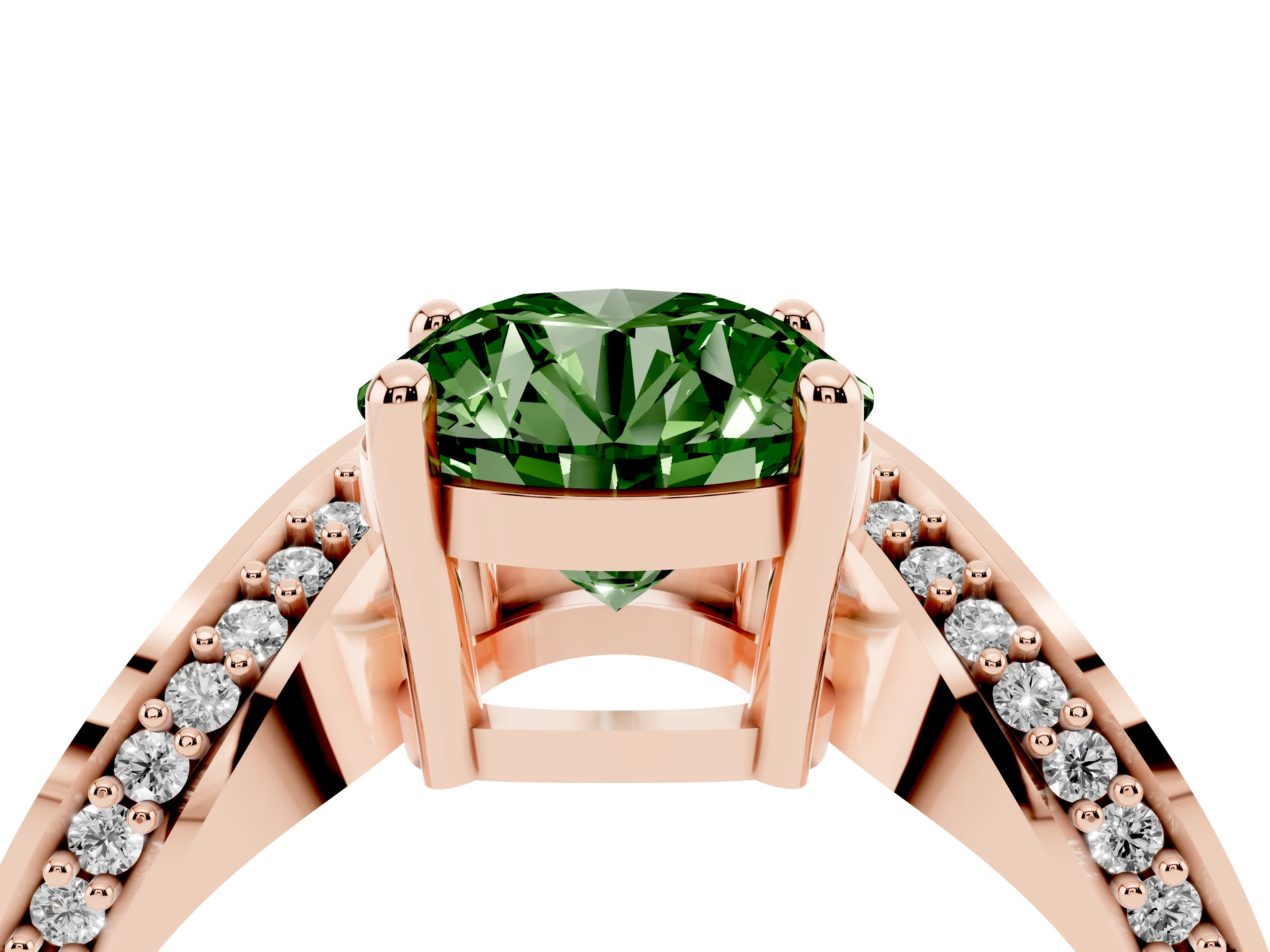 Fancy Green Round Cut Diamond Solitaire Engagement Ring Set in Rose gold with Pavé Shoulders