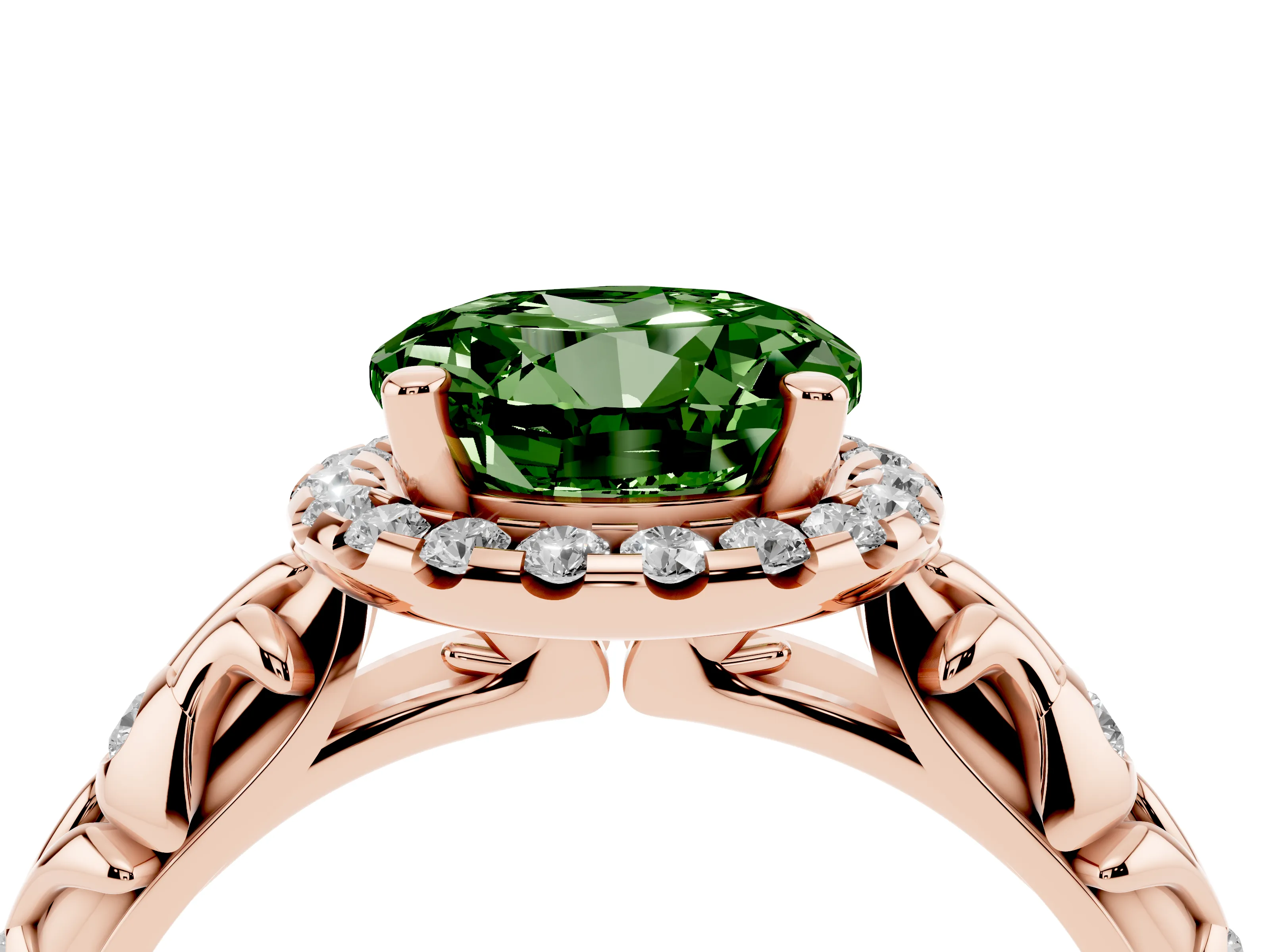 Fancy Green Round Cut Diamond Halo Ring Set in Rose gold with Filigree Leaf Band and Prong Setting