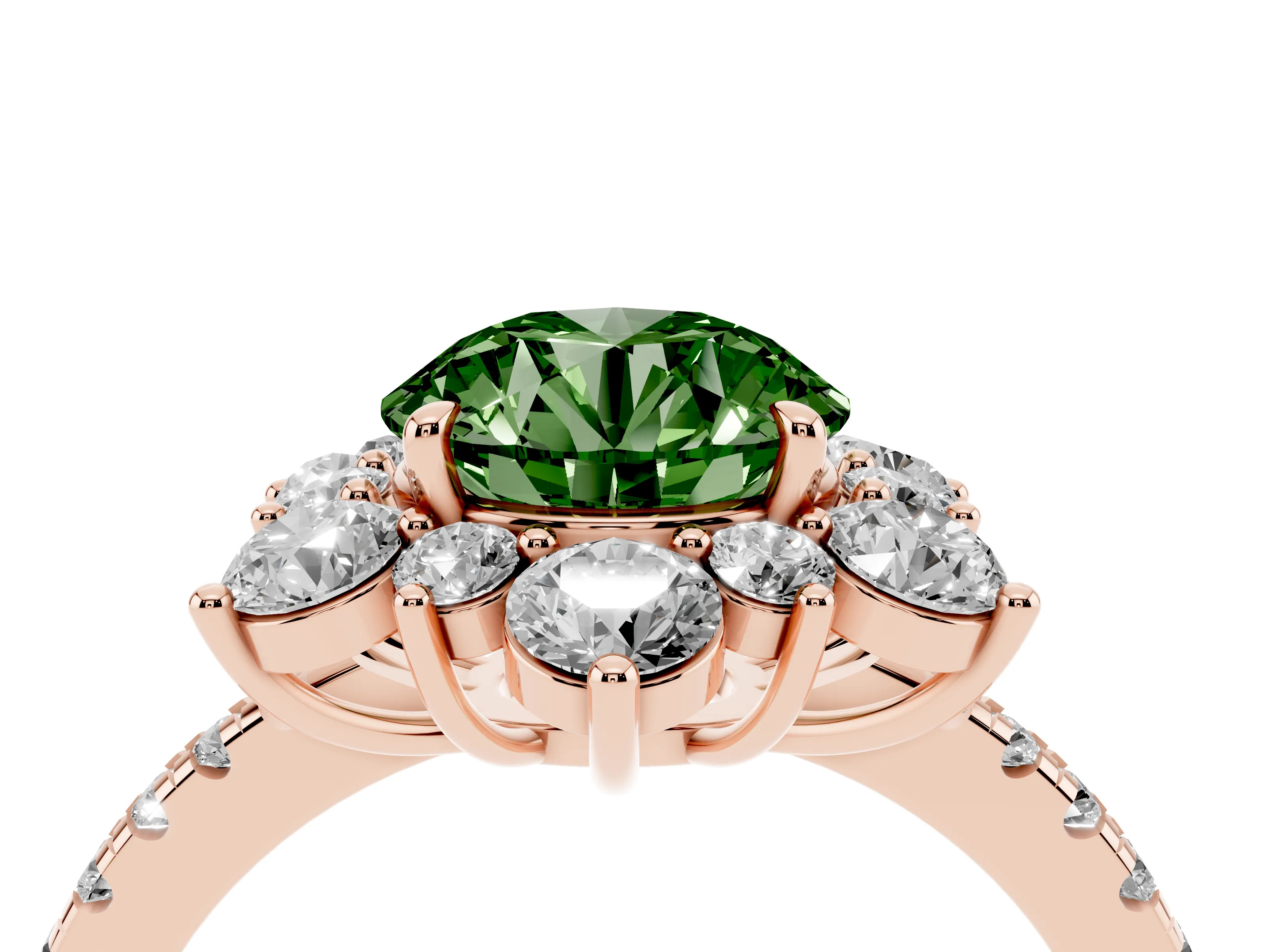 Fancy Green Round Cut Diamond Floral Halo Ring Set in Rose gold with Round Pavé Band and Prong Setting