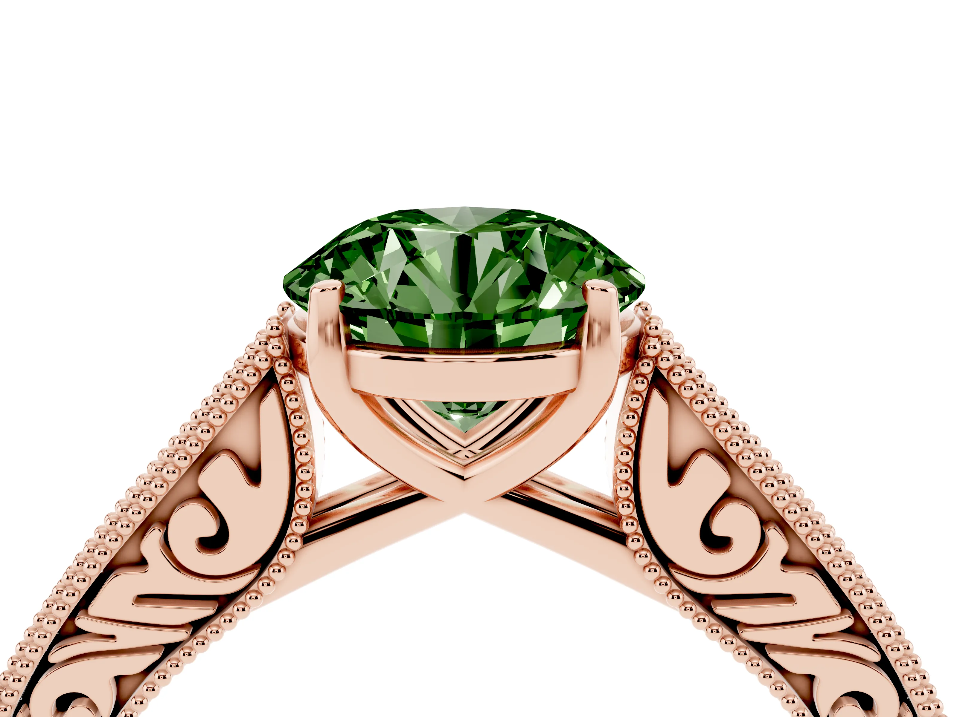 Fancy Green Round Cut Diamond Milgrain Pavé Band Solitaire Ring Set in Rose gold with Prong Setting