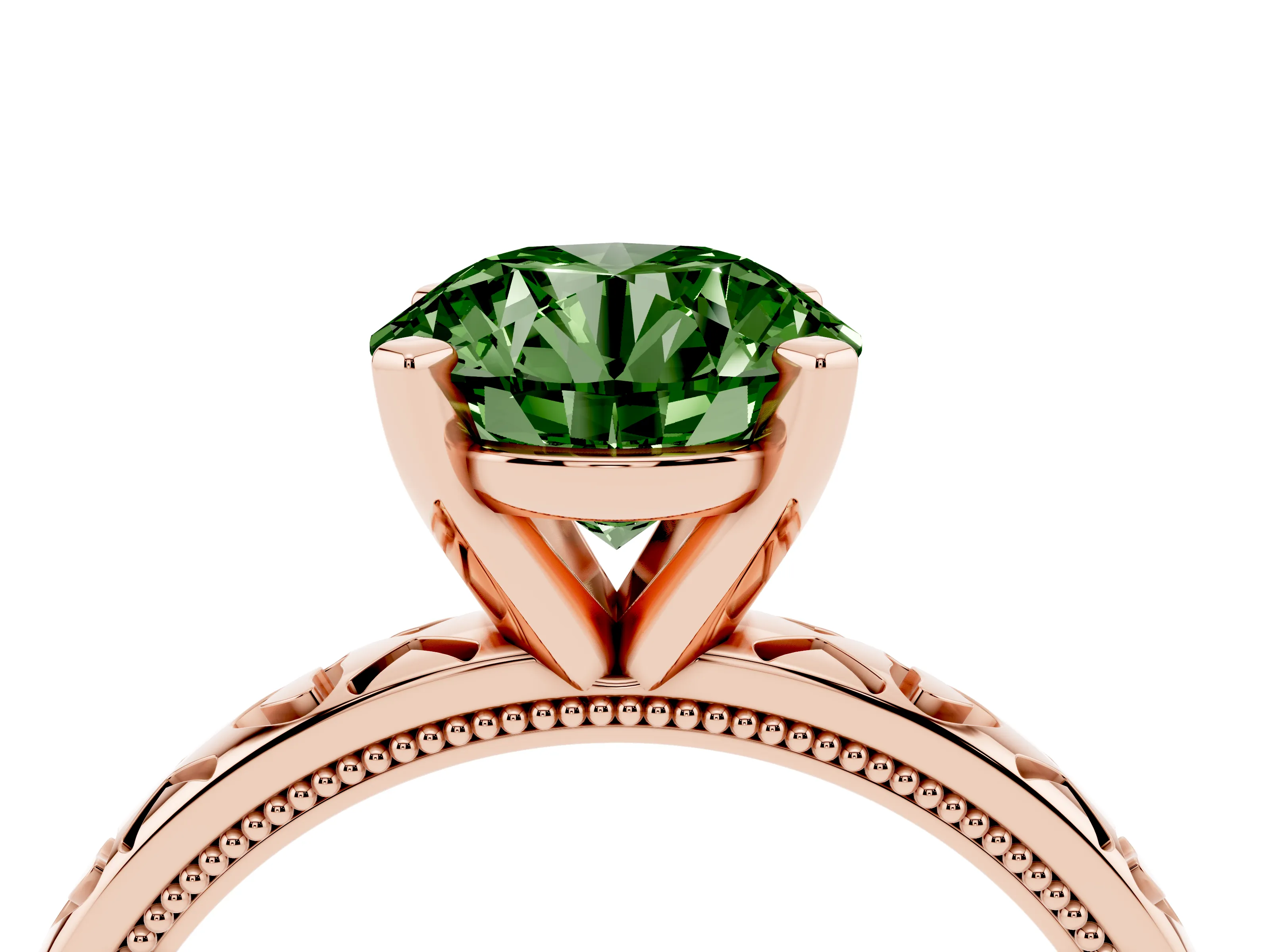 Fancy Green Round Cut Diamond Solitaire Engagement Ring Set in Rose gold with XO Engraved Band and Prong Setting