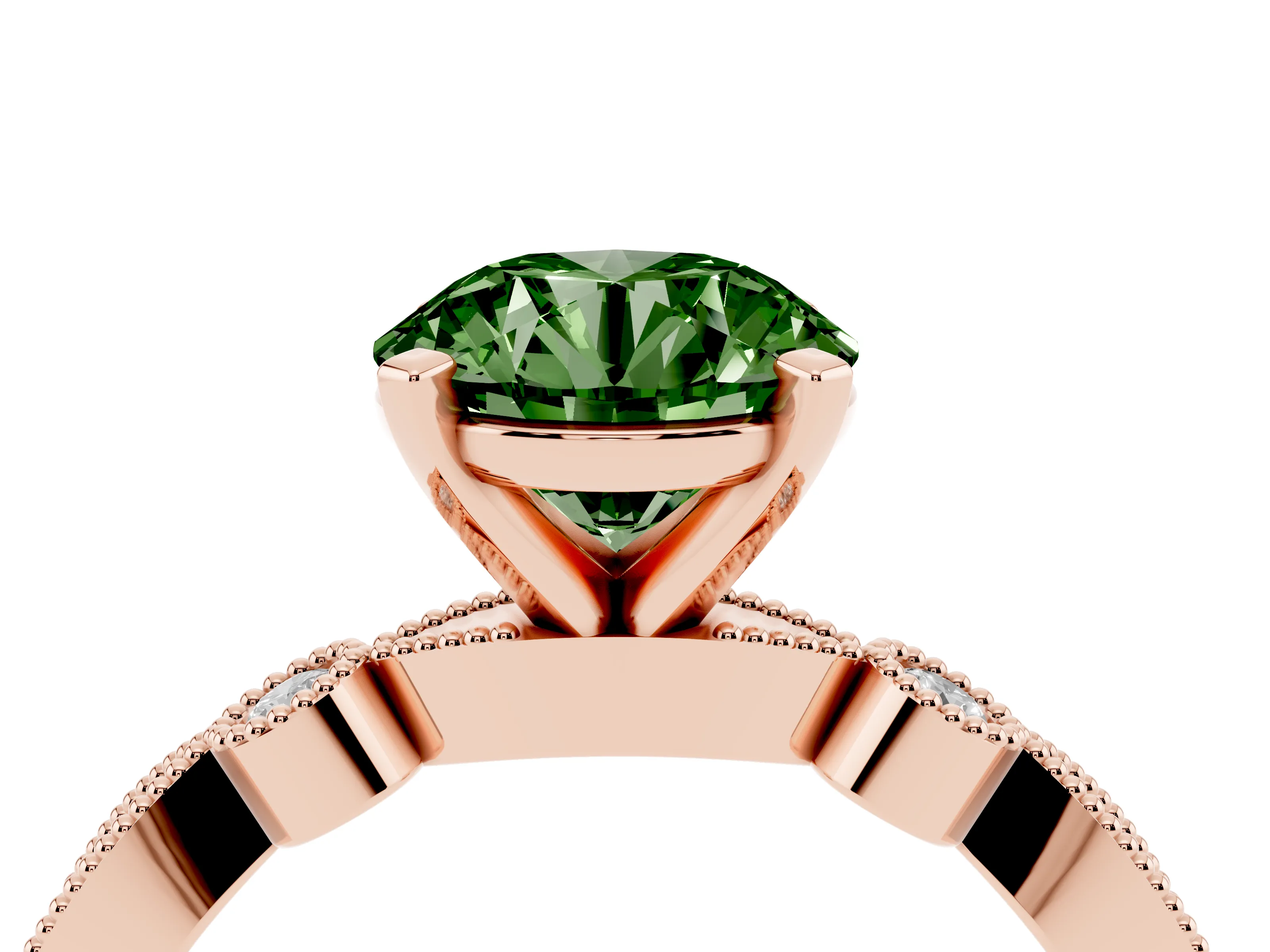 Fancy Green Round Cut Diamond Solitaire Engagement Ring Set in Rose gold with Milgrain Bezel Accent Band