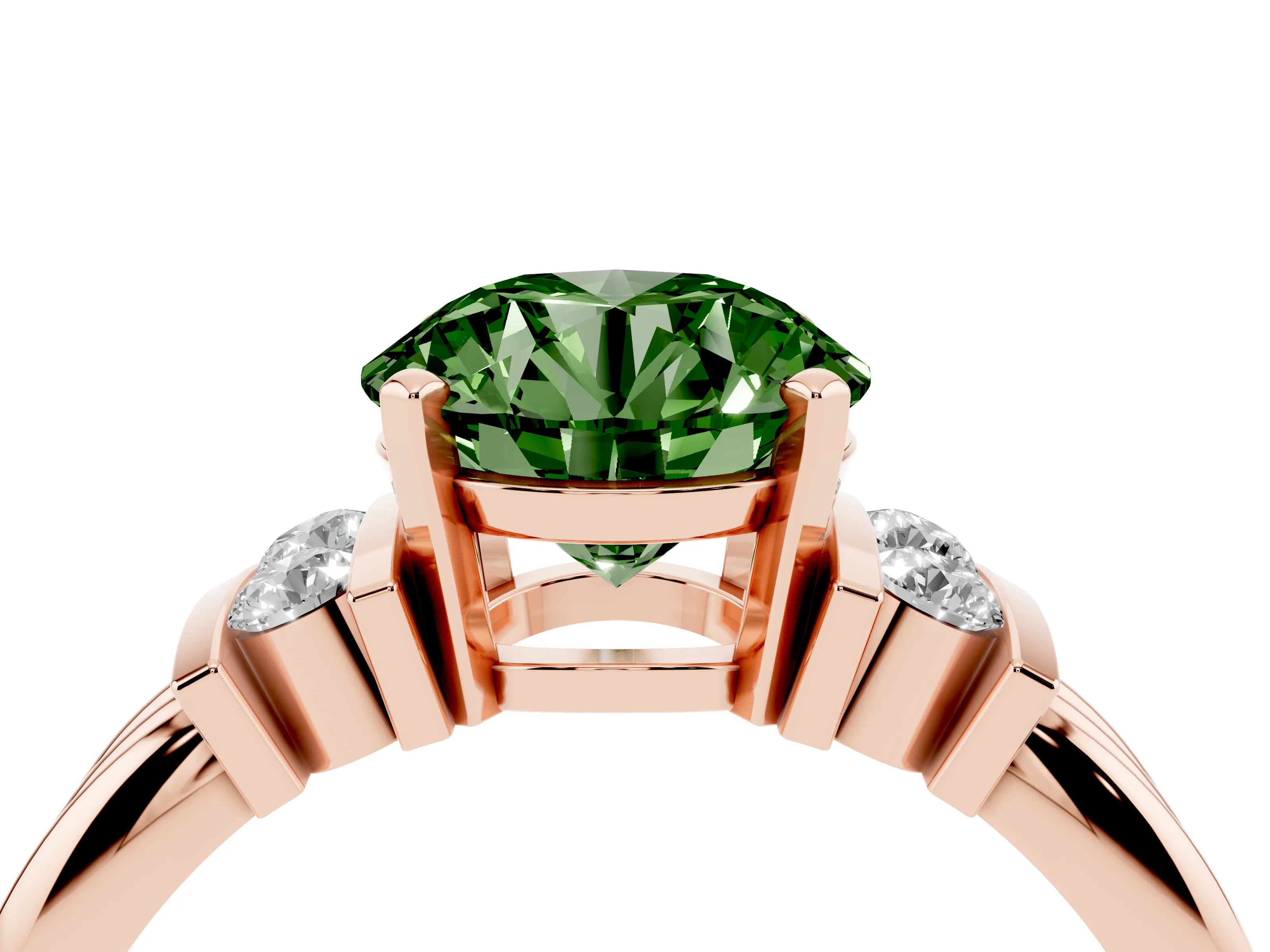 Fancy Green Three-Stone Round Cut Diamond Channel Set Ring Set in Rose gold with Bar Prongs