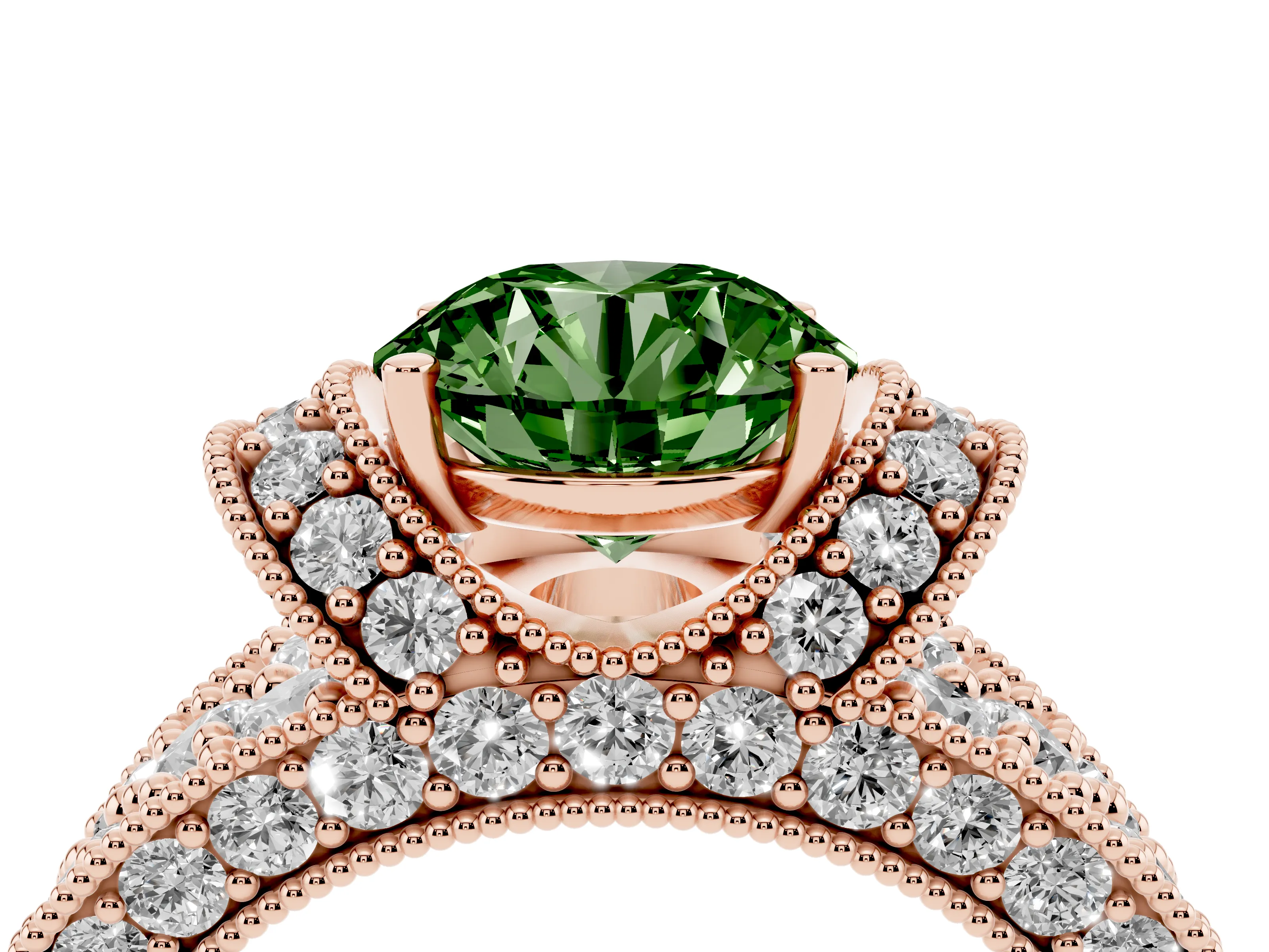 Fancy Green Round Cut Diamond Milgrain Halo Pavé Engagement Ring Set in Rose gold with Prong Setting