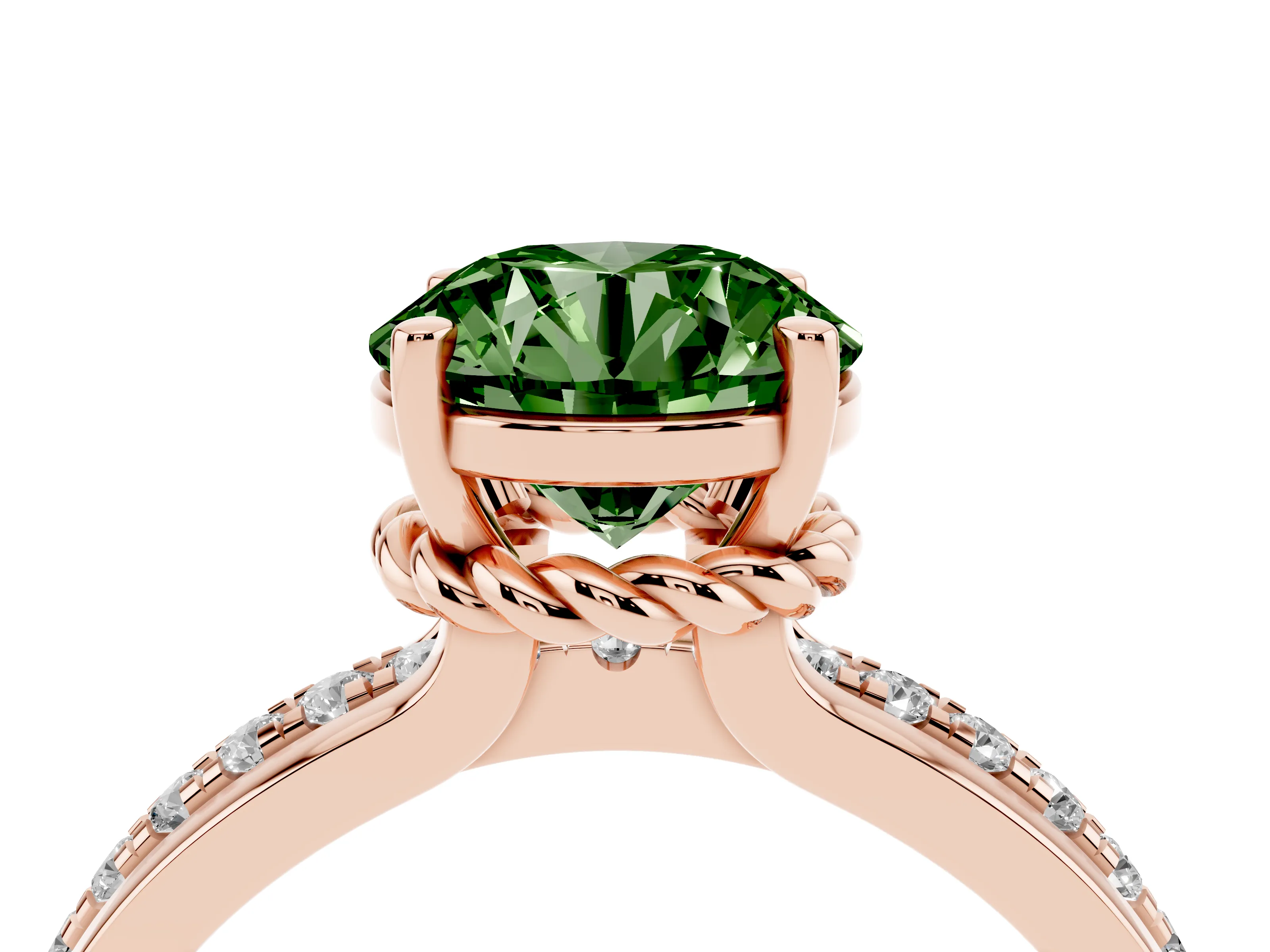 Fancy Green Round Cut Diamond Solitaire Ring Set in Rose gold with Channel Set Band and Prong Setting