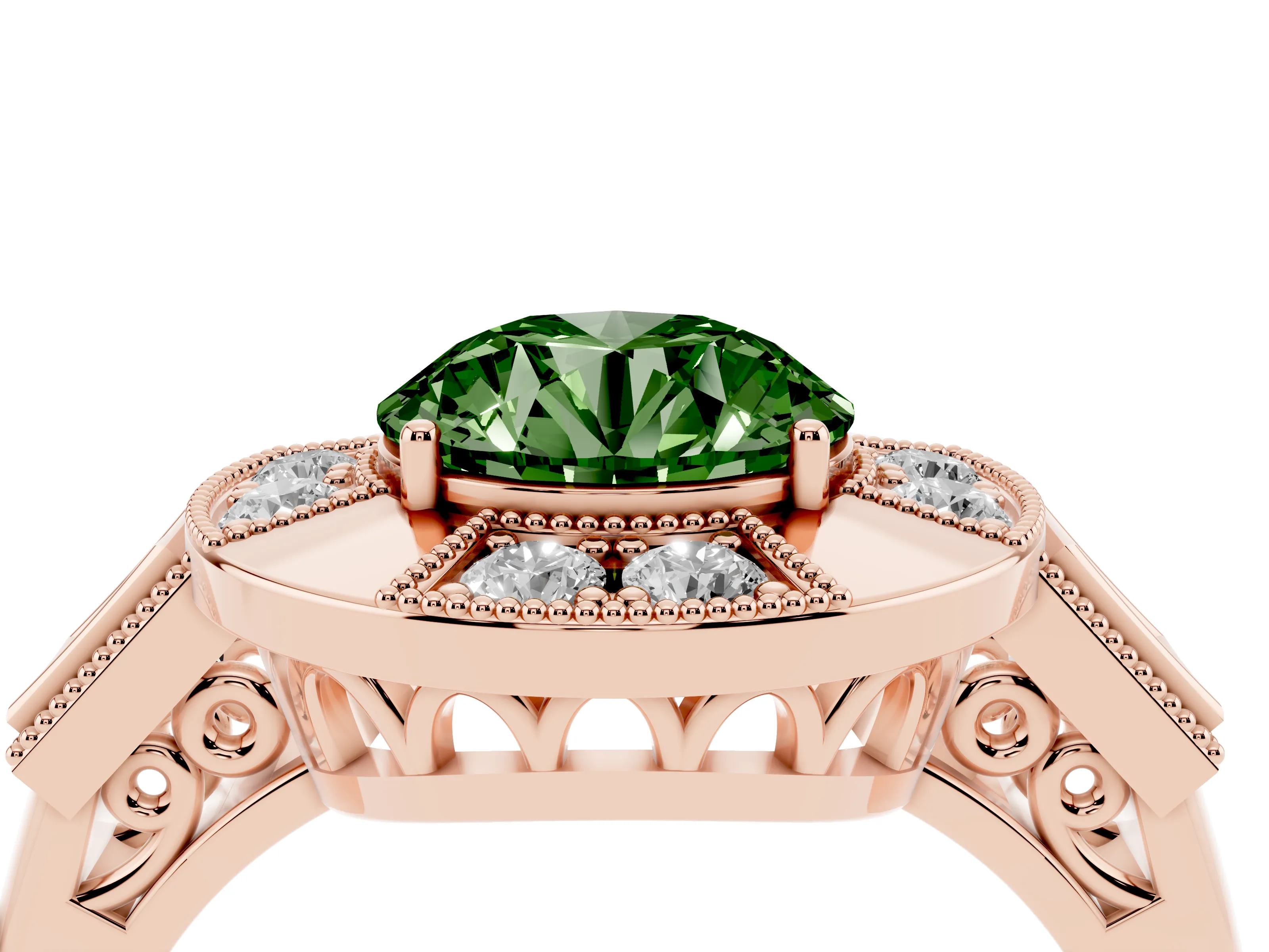Fancy Green Round Cut Diamond Milgrain Halo Ring Set in Rose gold with Split Shank