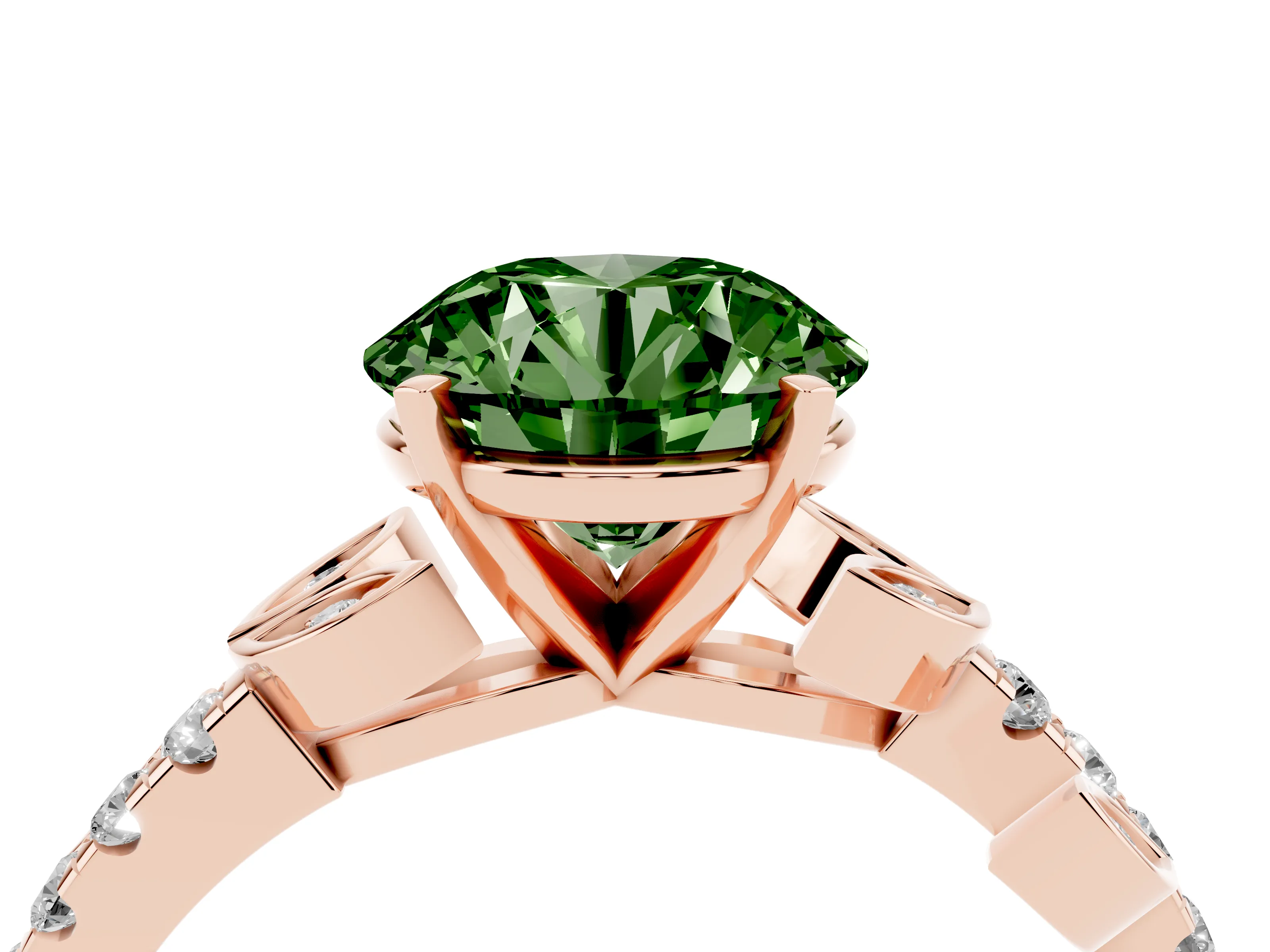 Fancy Green Round Cut Diamond Solitaire Leaf-Inspired Ring Set in Rose gold with Pavé Band and Prong Setting