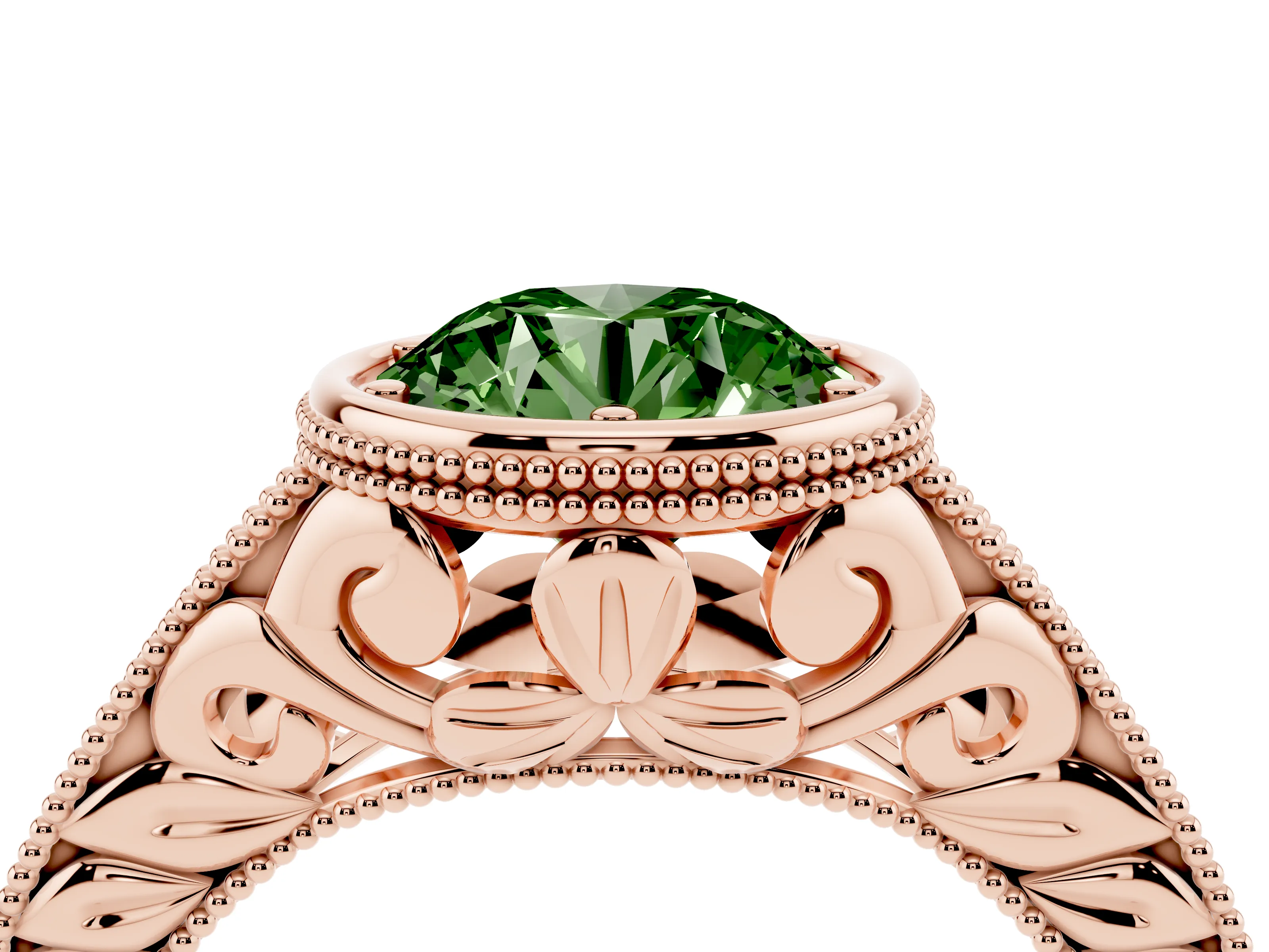 Fancy Green Bezel Set Round Cut Diamond Milgrain Pavé Engagement Ring Set in Rose gold