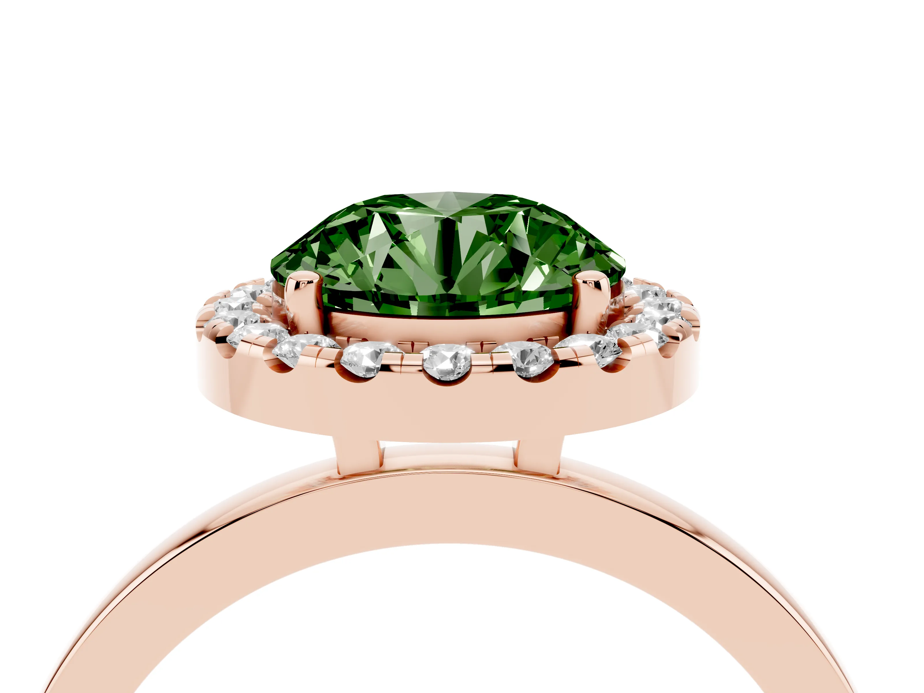 Fancy Green Round Cut Diamond Halo Solitaire Ring Set in Rose gold with Pavé Band and Prong Setting