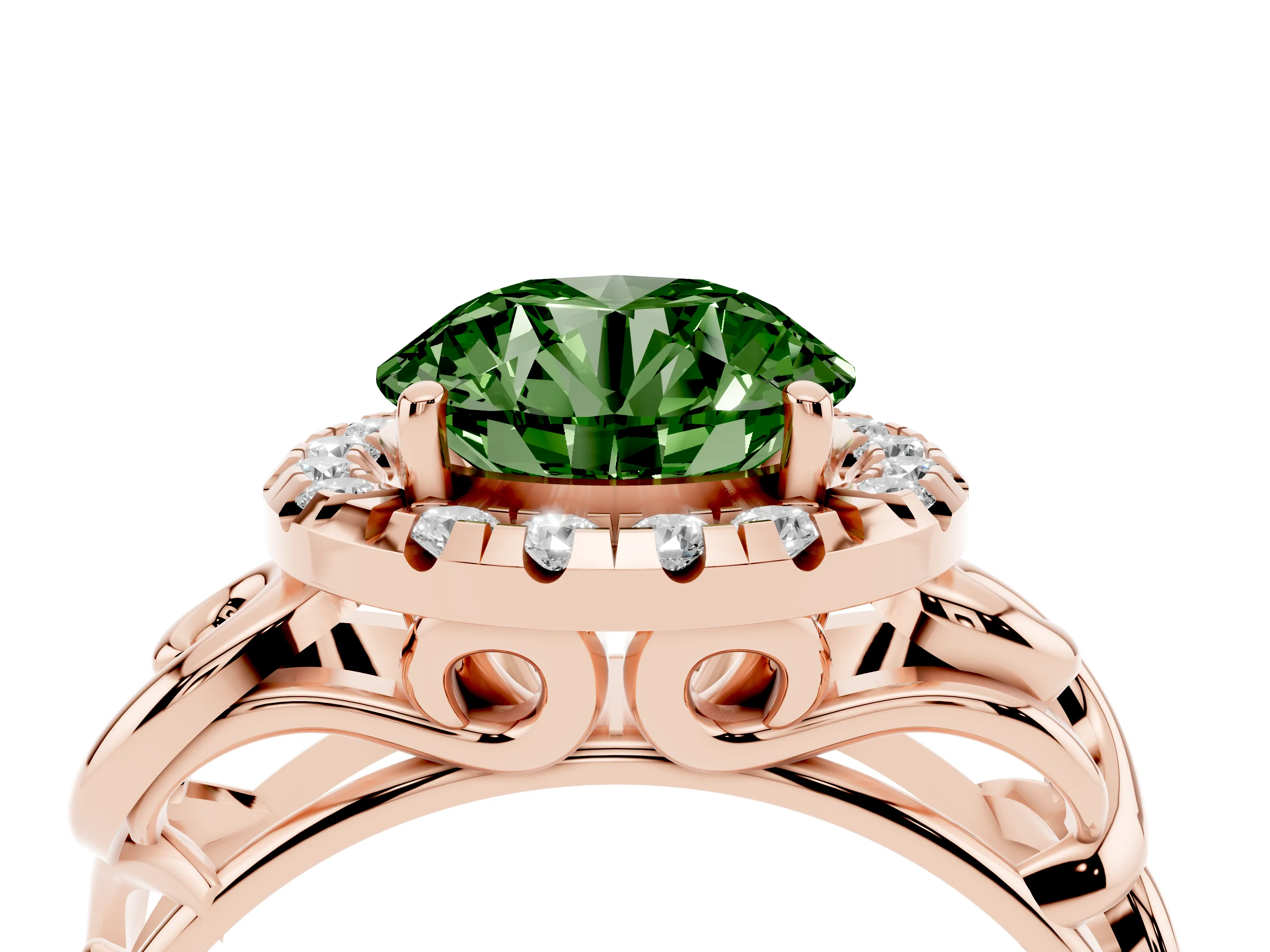 Fancy Green Round Cut Diamond Halo Ring Set in Rose gold with Scrollwork Band and Prong Setting