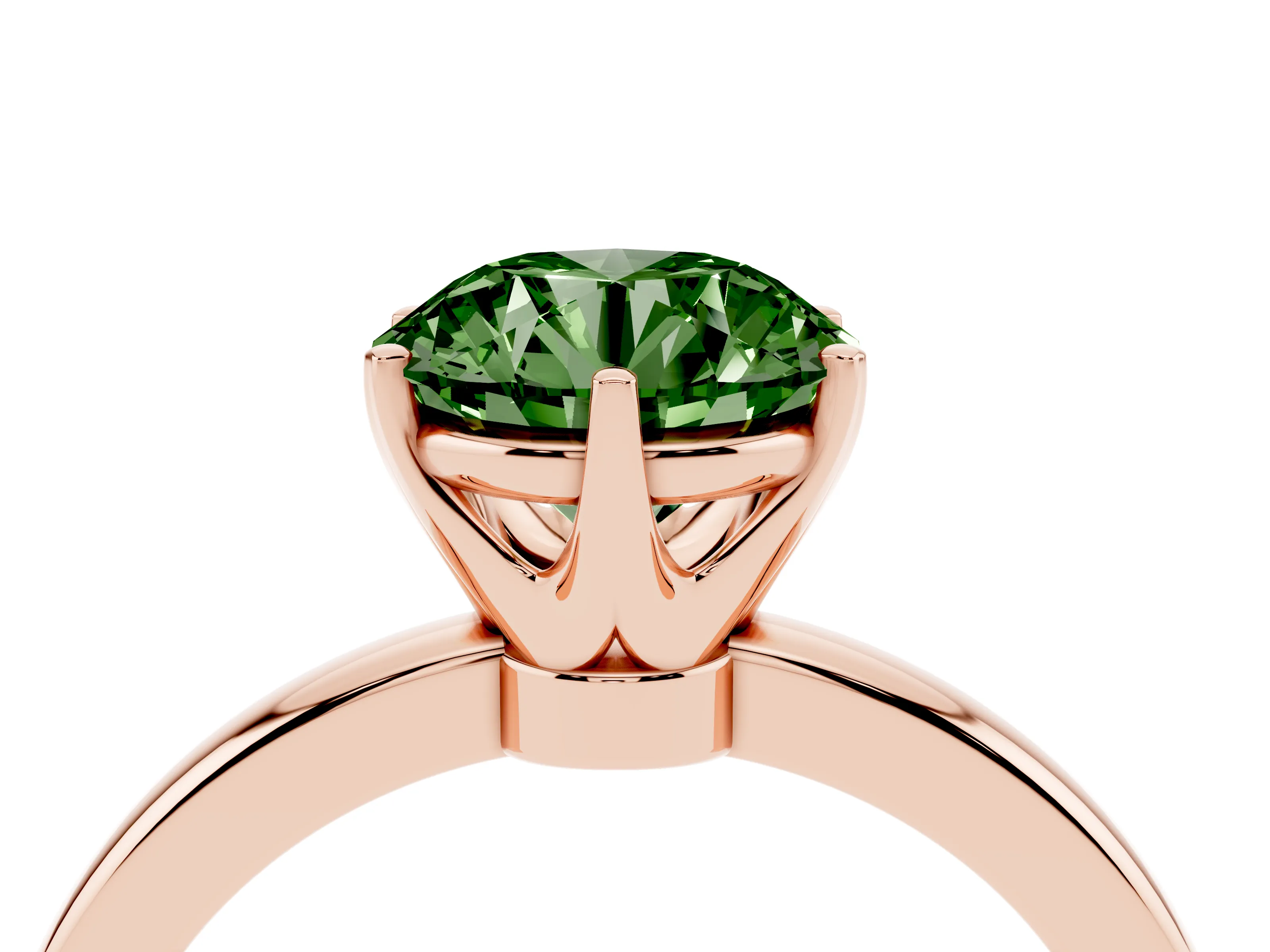 Fancy Green Round Cut Diamond Solitaire Ring Set in Rose gold with Raised Prong Setting on a Classic Band