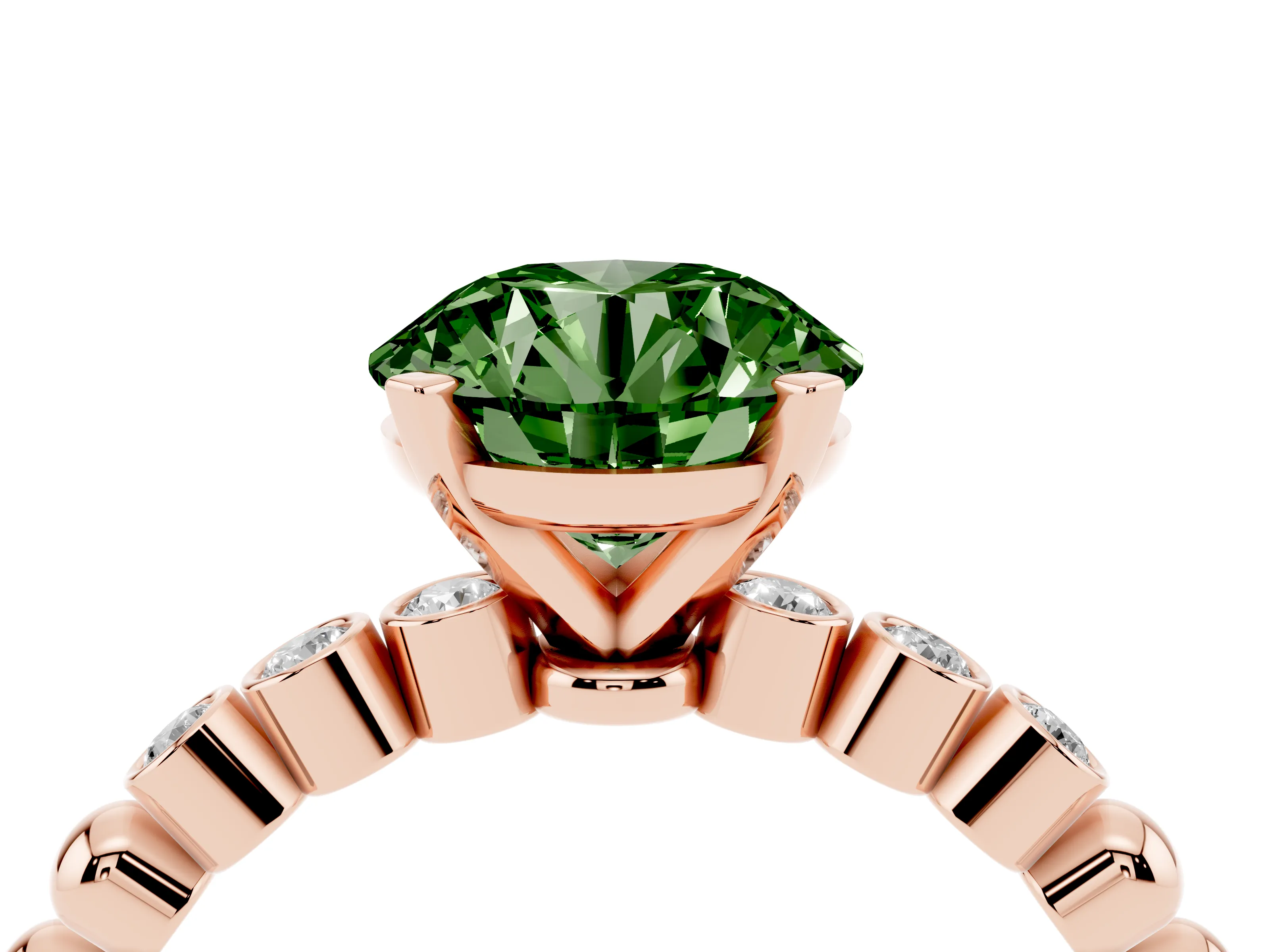 Fancy Green Round Cut Diamond Solitaire Engagement Ring Set in Rose gold with Bezel Accents on Beaded Band