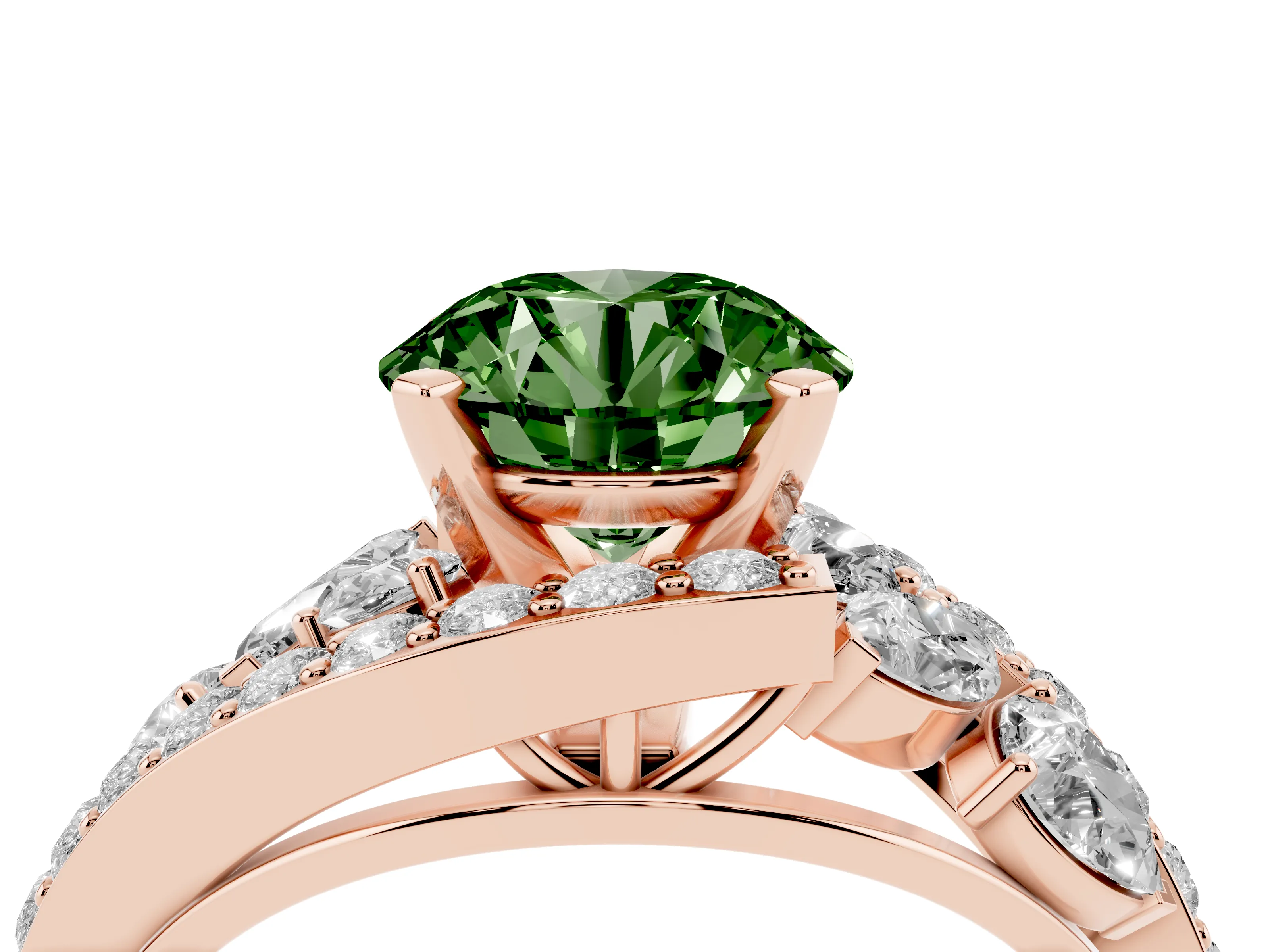 Fancy Green Round Cut Diamond Halo Ring Set in Rose gold with Marquise and Pavé Band in Prong Setting