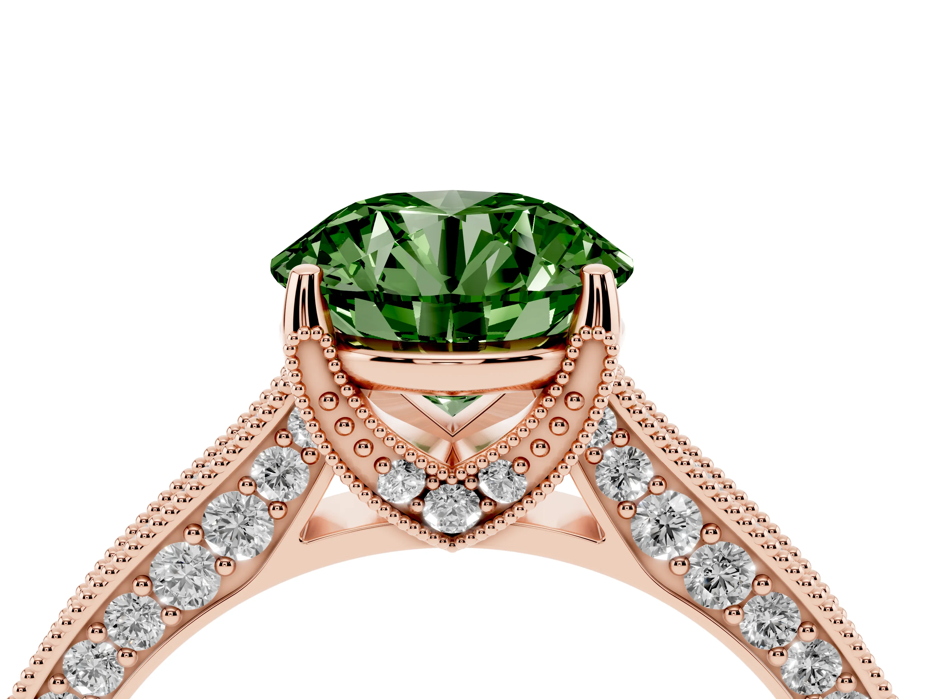 Fancy Green Round Cut Diamond Solitaire Ring Set in Rose gold with Milgrain-Edged Pavé Band and Prong Setting