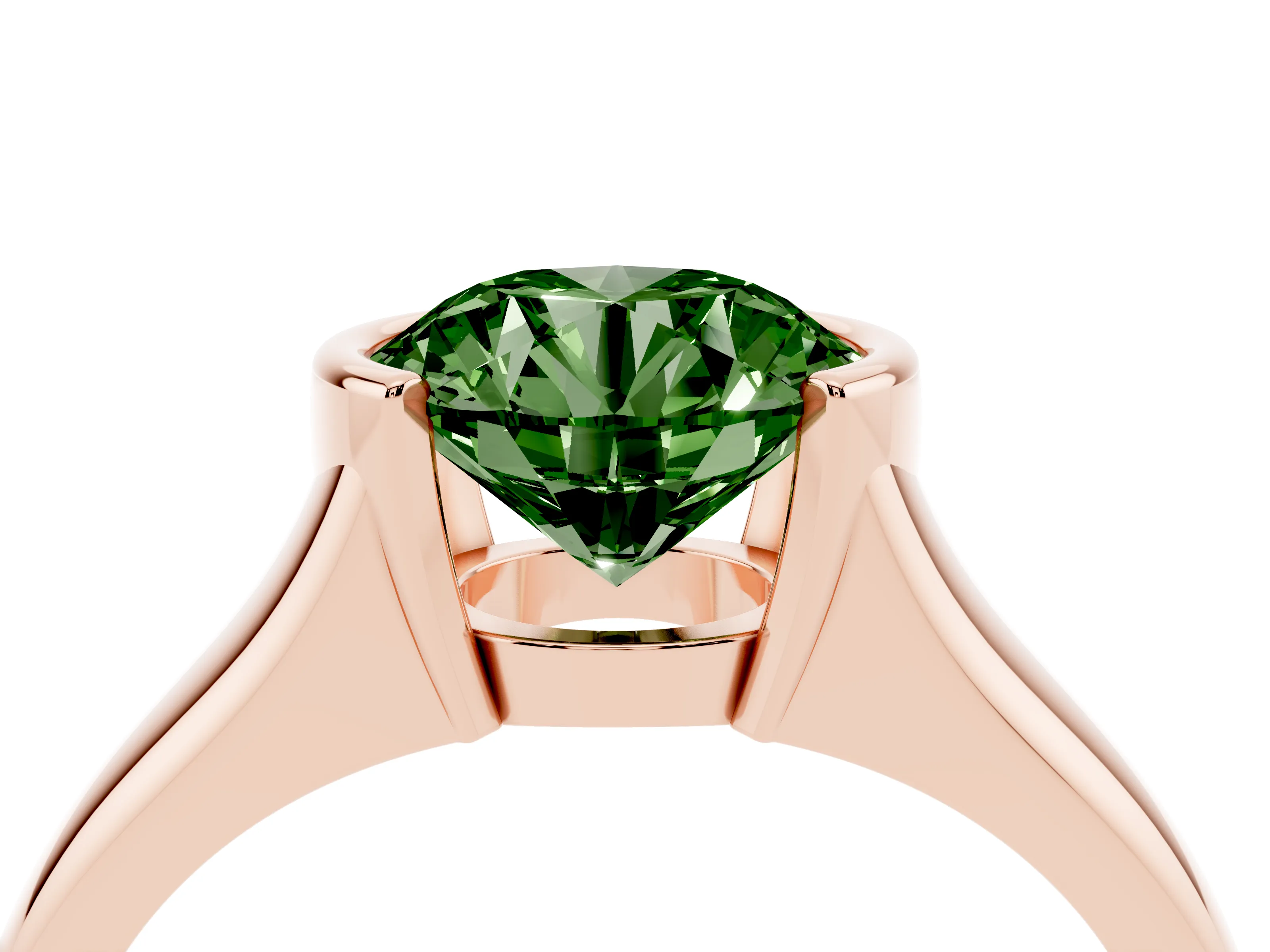 Fancy Green Round Cut Diamond Solitaire Tension Set Ring Set in Rose gold with Split Shank Band