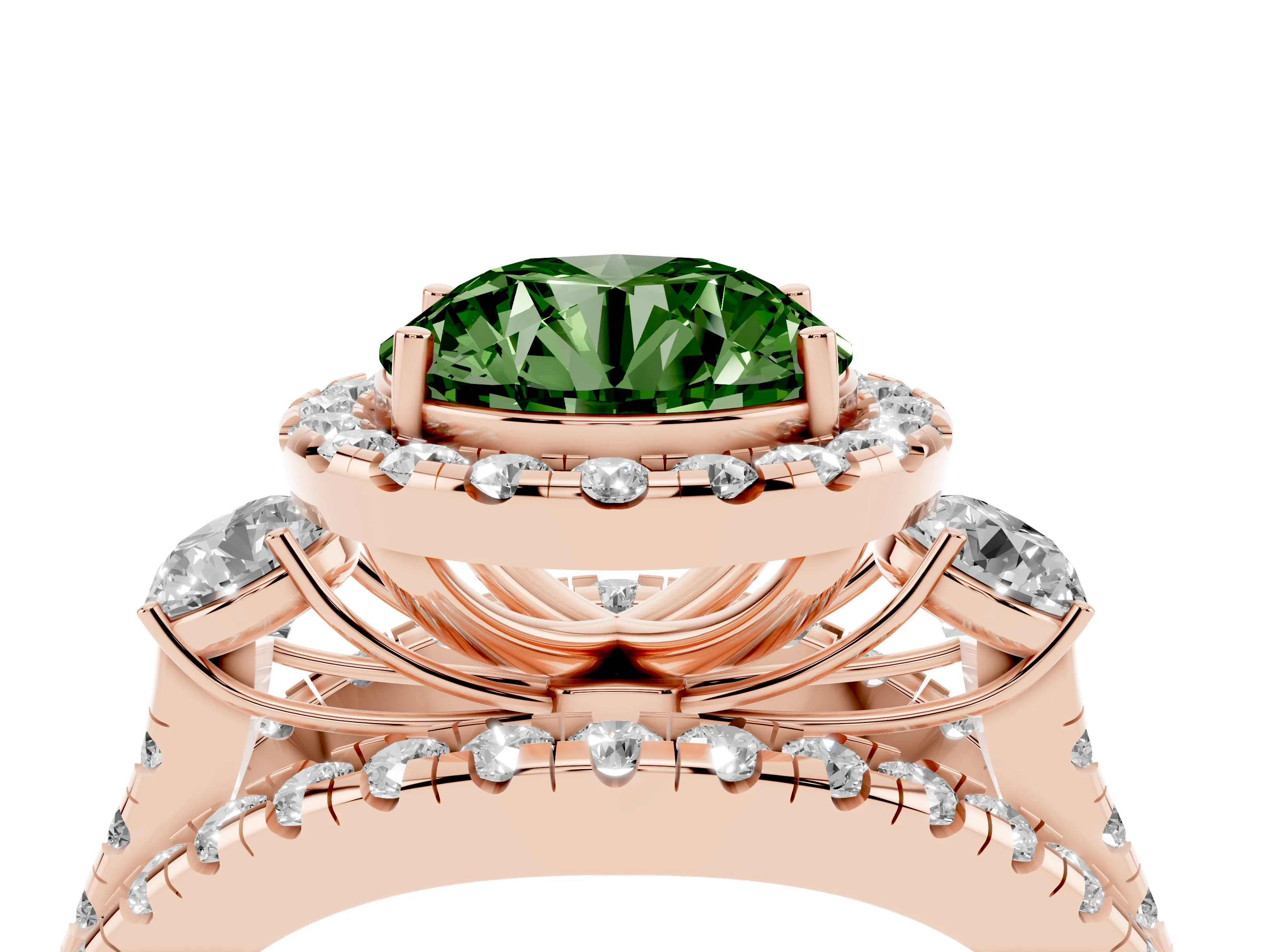 Fancy Green Round Cut Diamond Halo Split Shank Ring Set in Rose gold with Round Accent Stones and Prong Setting