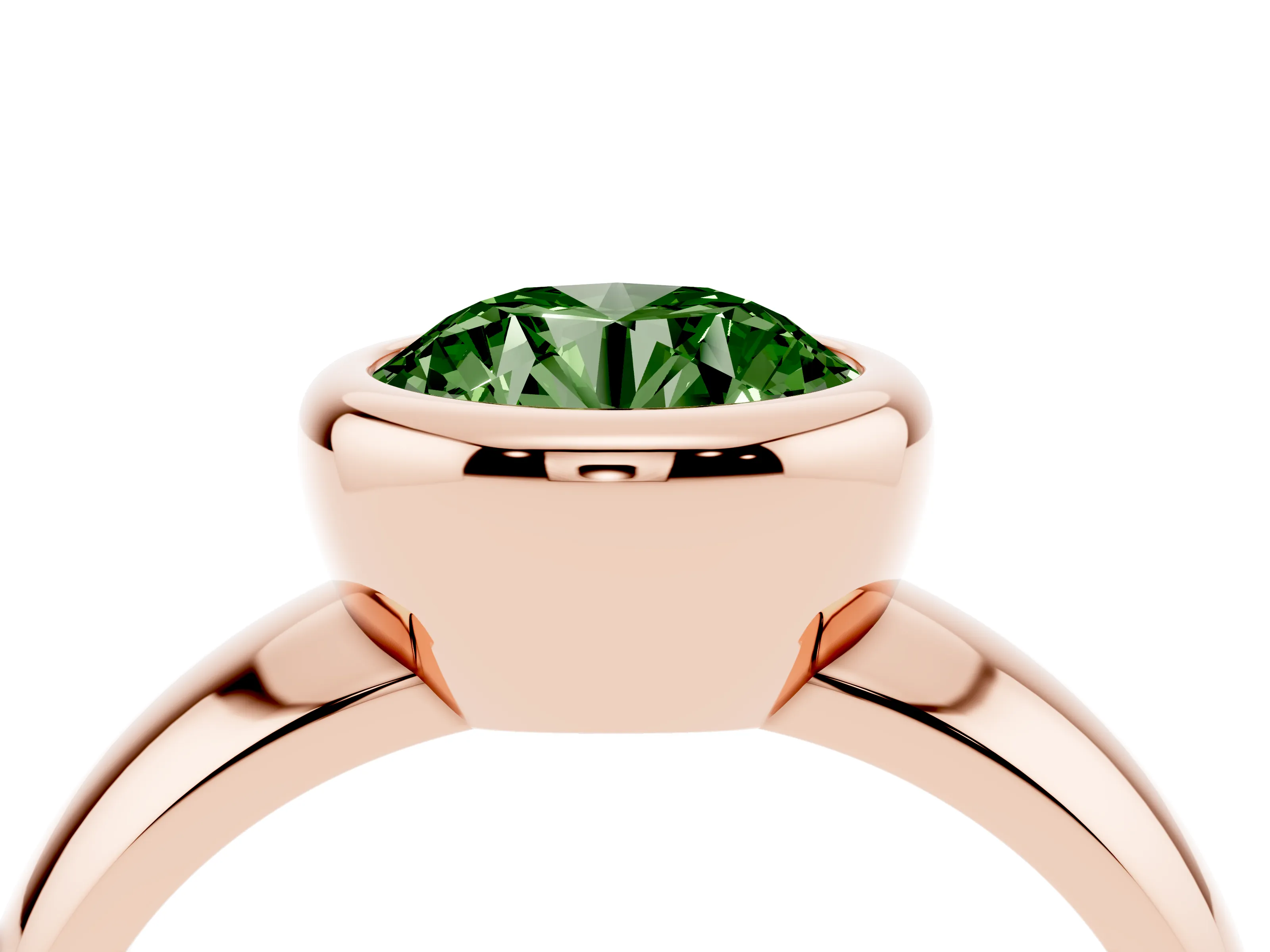 Fancy Green Bezel Set Round Cut Diamond Solitaire Ring Set in Rose gold with Wide Band