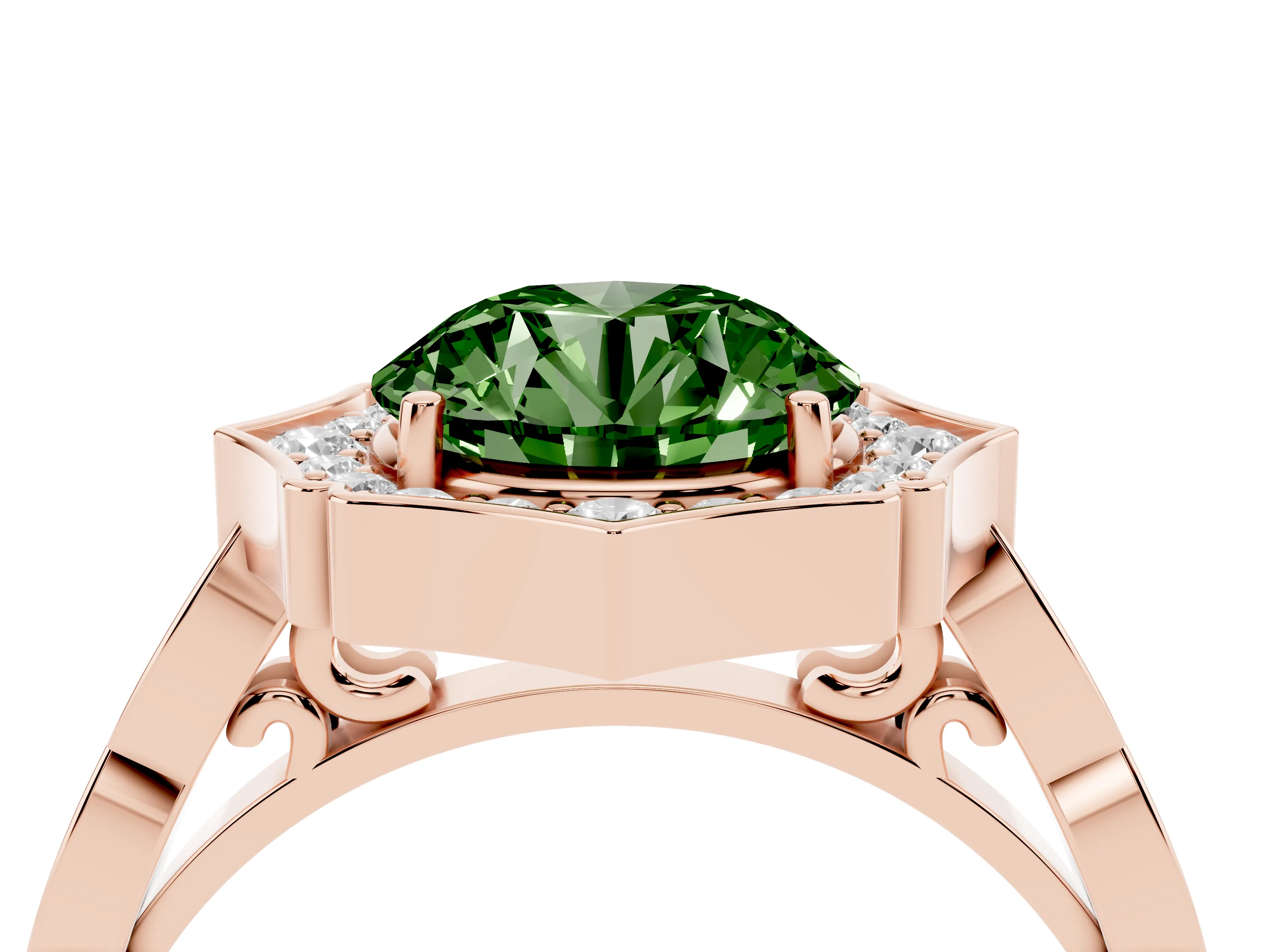 Fancy Green Round Cut Diamond Halo Engagement Ring Set in Rose gold with Milgrain Band and Prong Setting