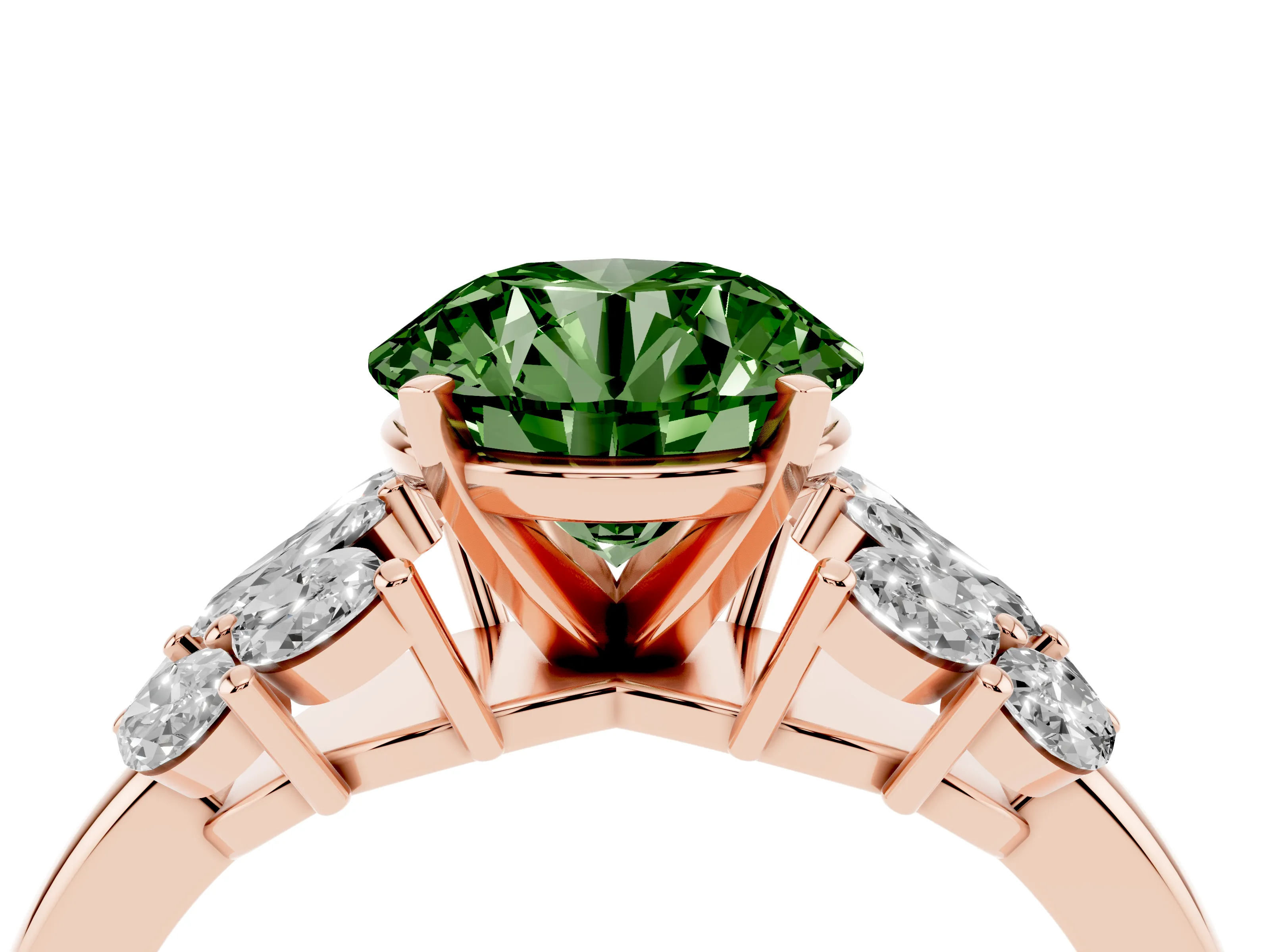 Fancy Green Round Cut Diamond Cluster Leaf Design Ring Set in Rose gold with Prong Setting