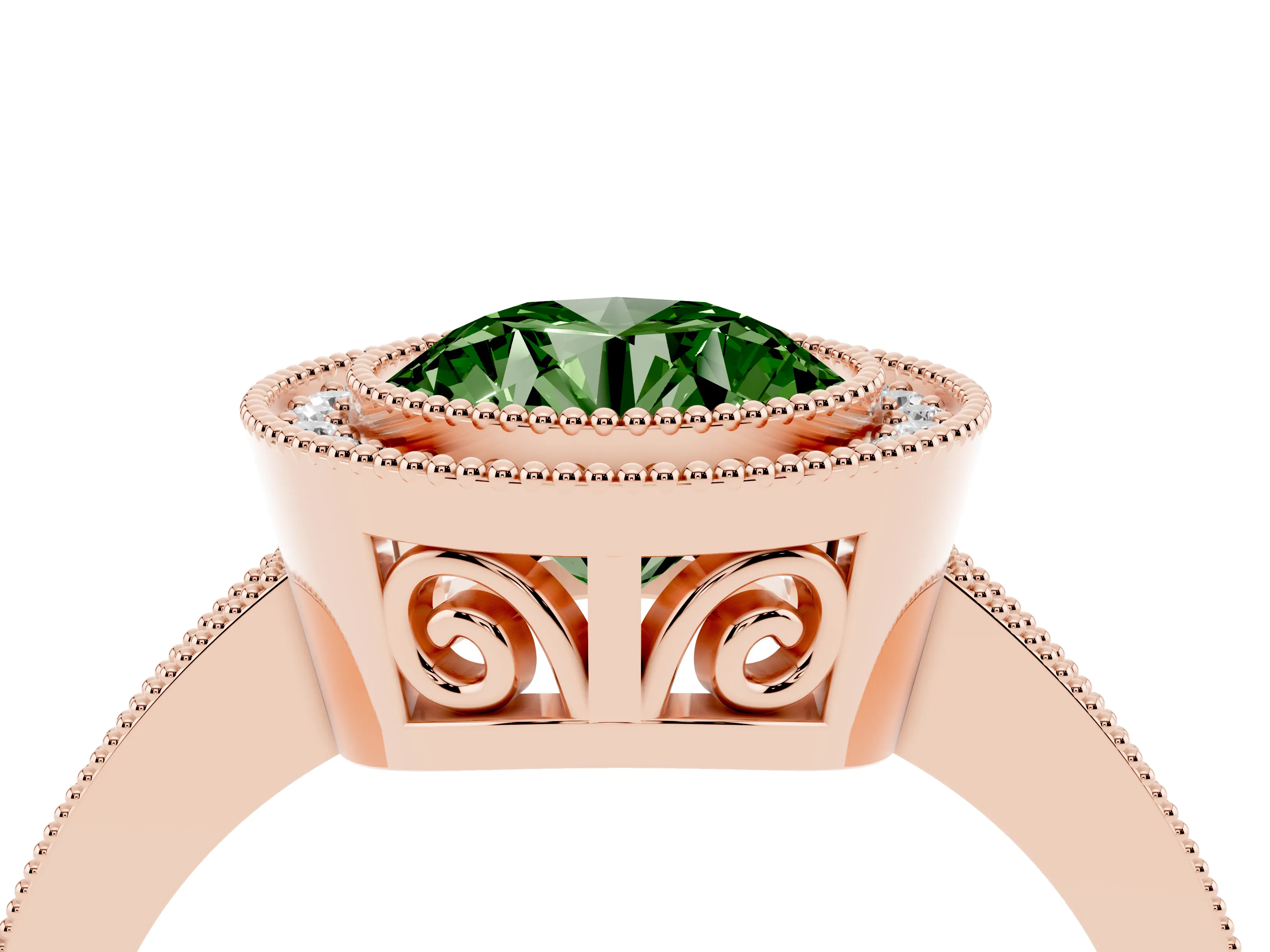Fancy Green Round Cut Diamond Round Halo Ring Set in Rose gold with Pavé Band