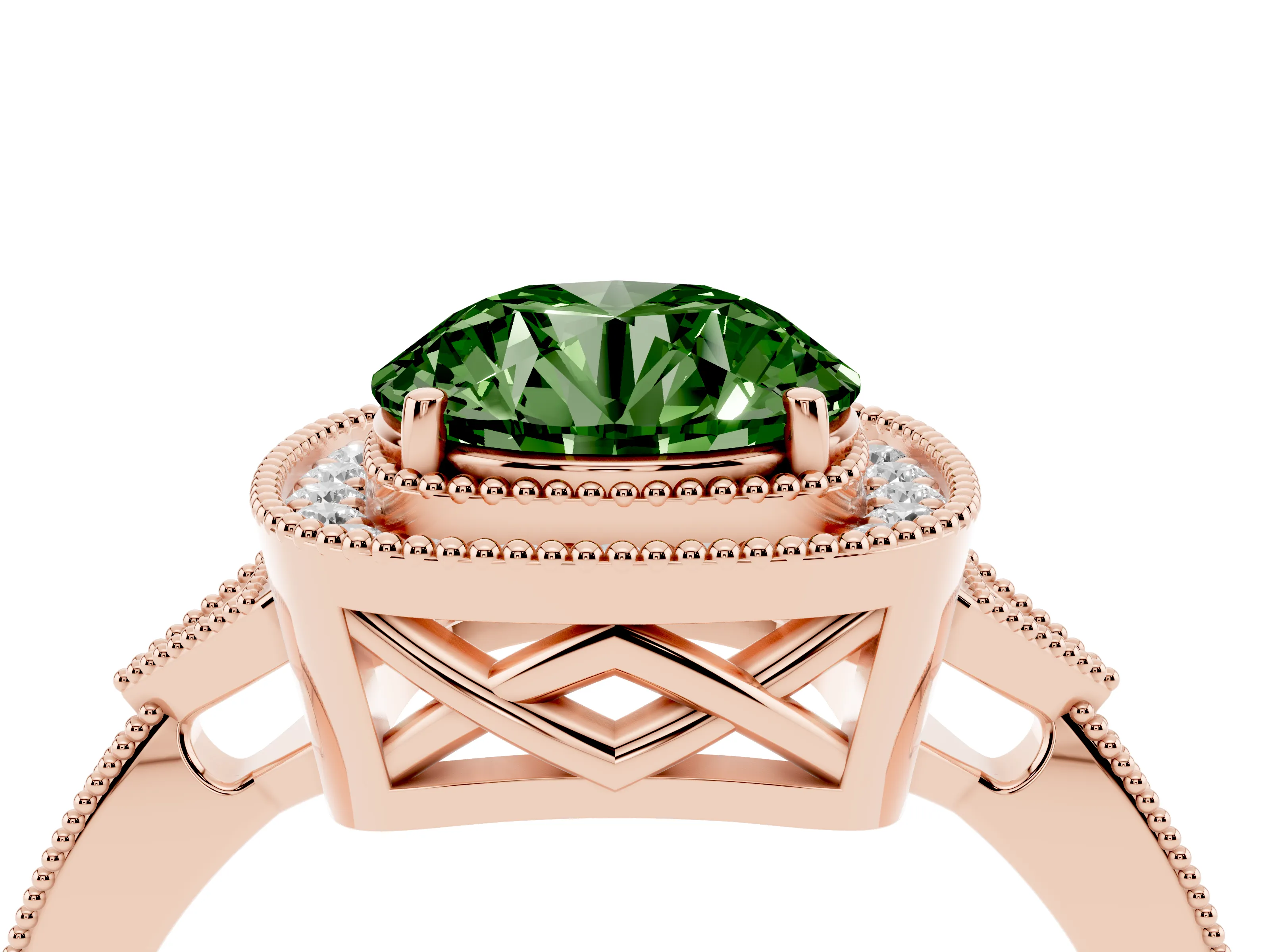 Fancy Green Round Cut Diamond Halo Engagement Ring Set in Rose gold with Milgrain Pavé Band