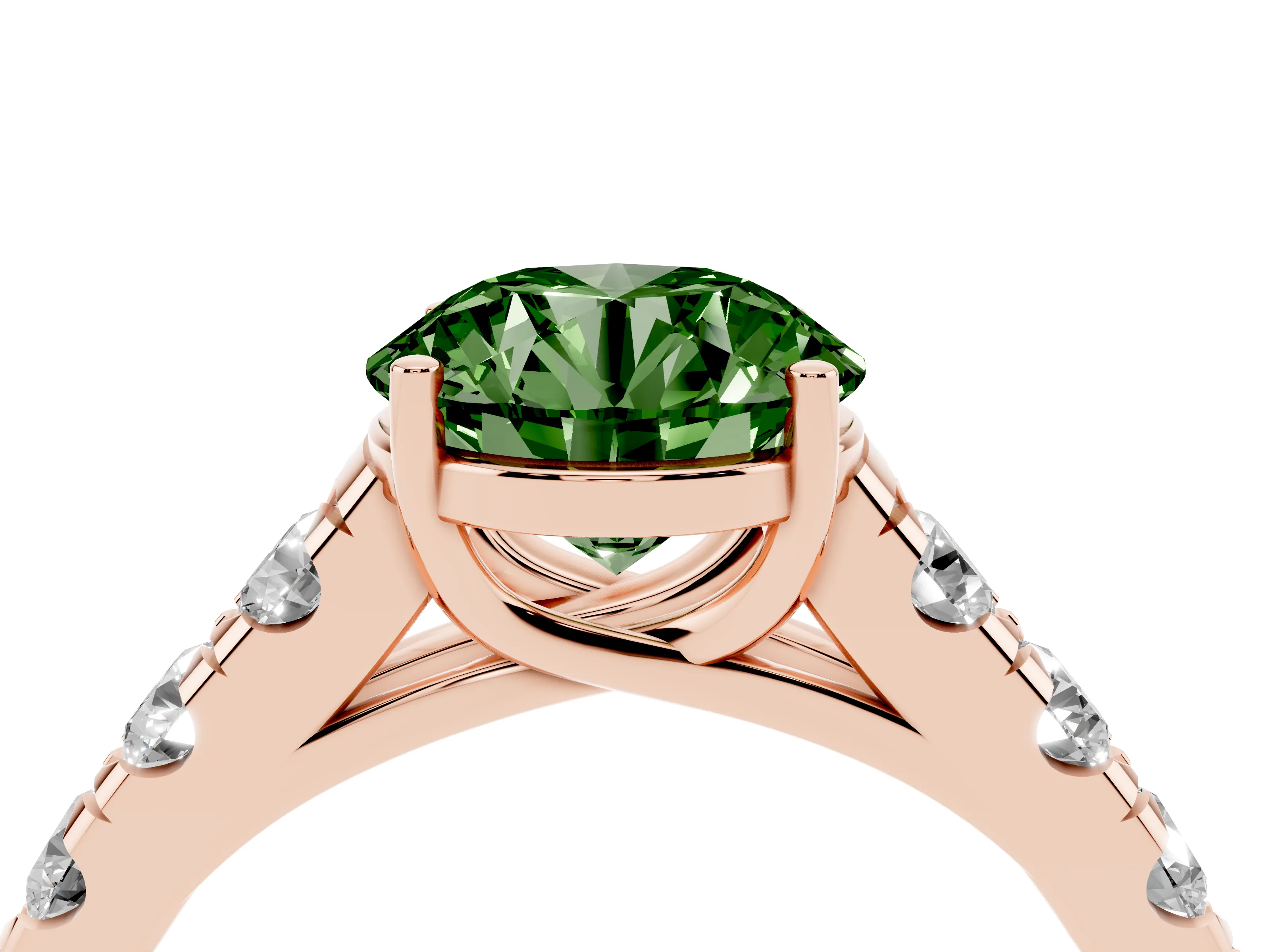 Fancy Green Round Cut Diamond Solitaire Ring Set in Rose gold with Cut-Down Micro Pavé Band and Prong Setting