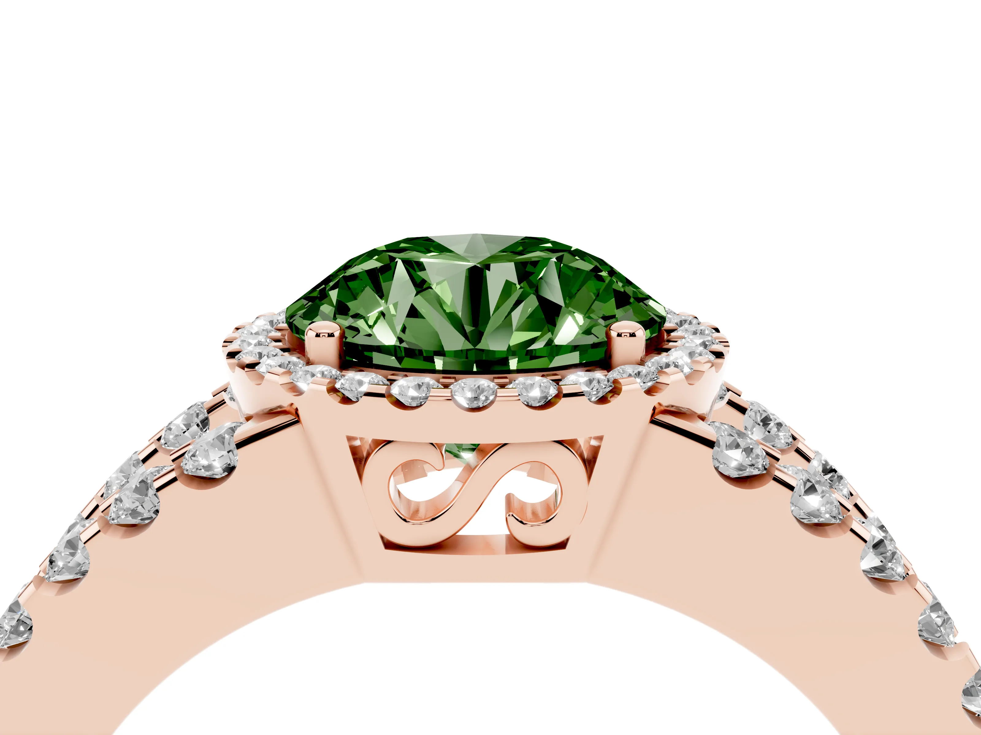 Fancy Green Round Cut Diamond Halo Ring Set in Rose gold with Pavé Split Shank and Prong Setting