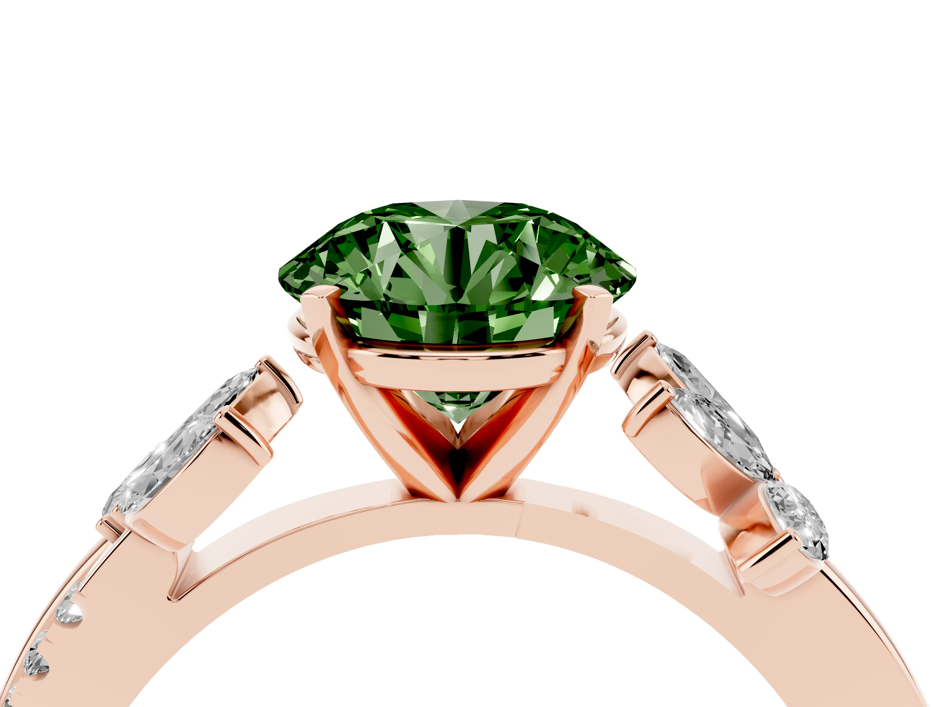 Fancy Green Round Cut Diamond Floral Vine Solitaire Engagement Ring Set in Rose gold with Marquise Leaves