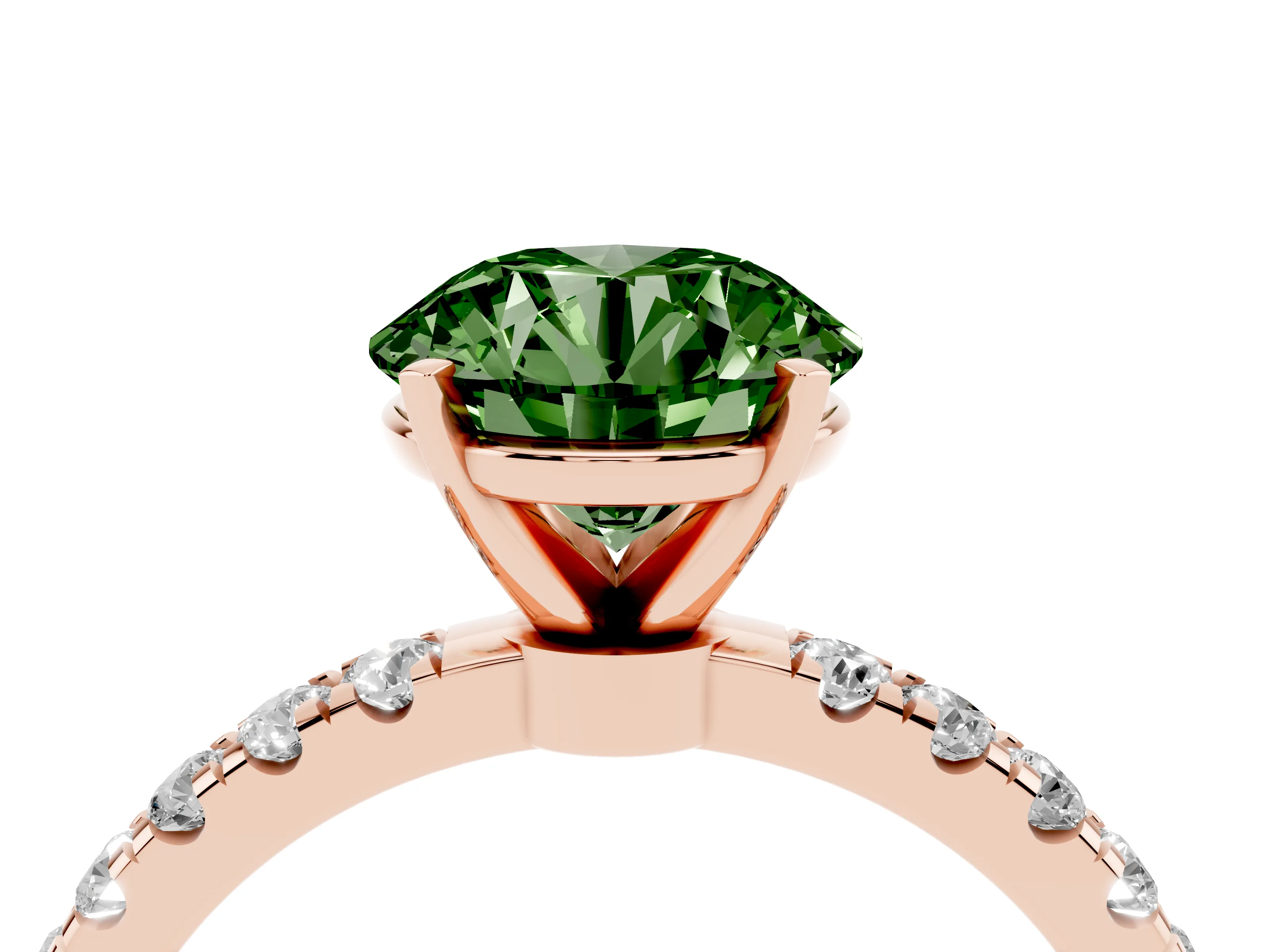 Fancy Green Round Cut Diamond Solitaire Ring Set in Rose gold with Pavé Accents and Prong Setting
